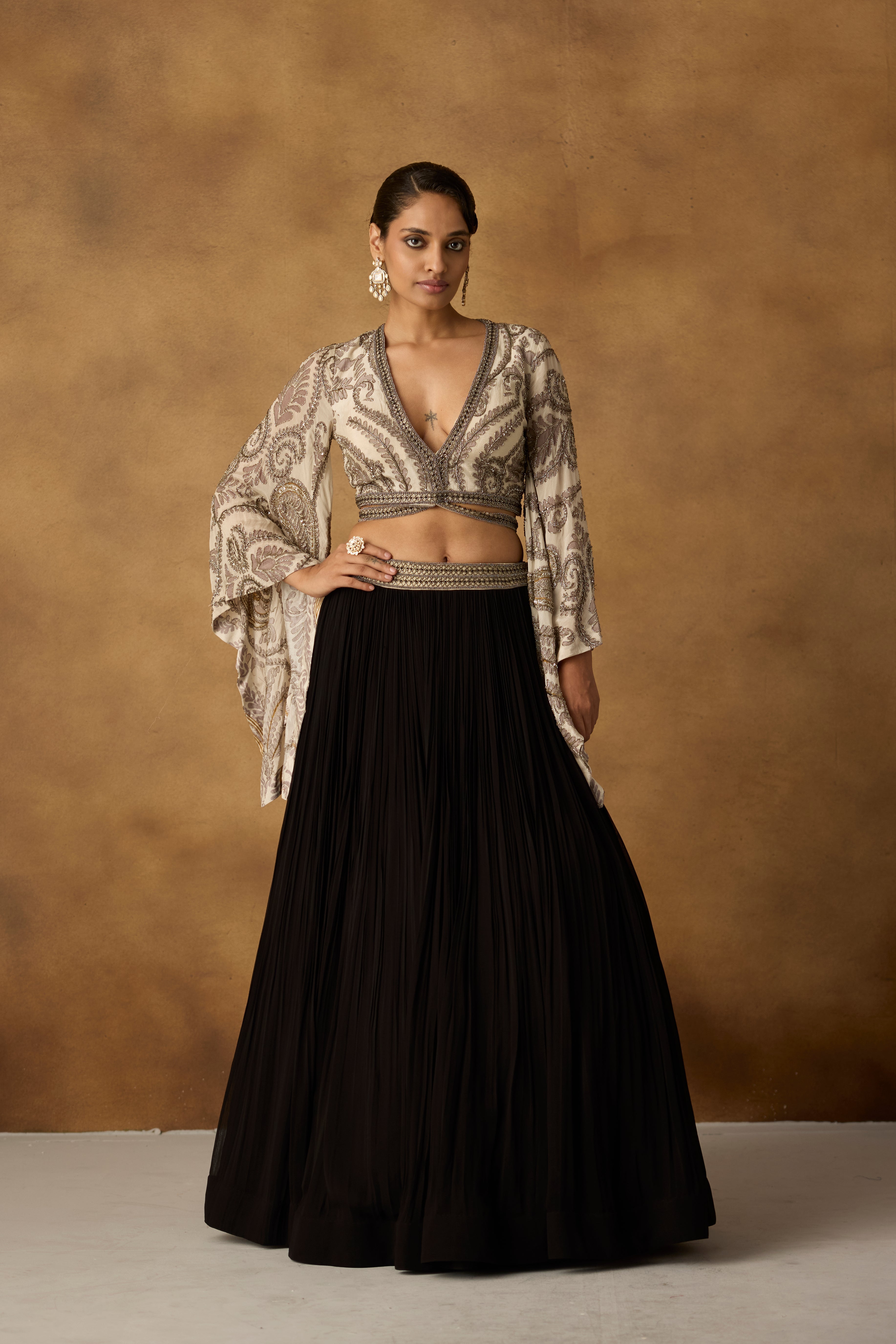 Ivory Onyx Embellished Georgette Silk Skirt Set