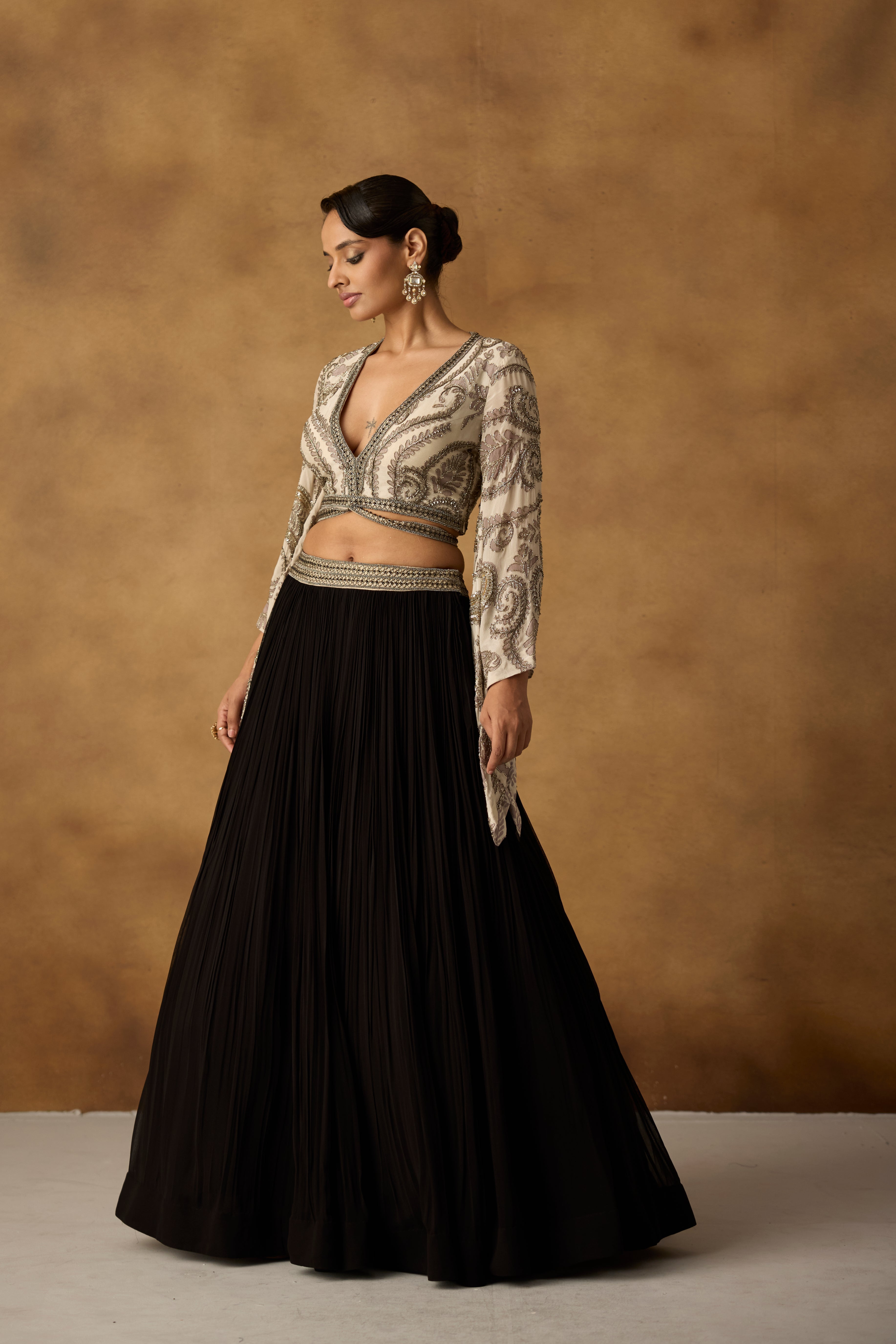 Ivory Onyx Embellished Georgette Silk Skirt Set