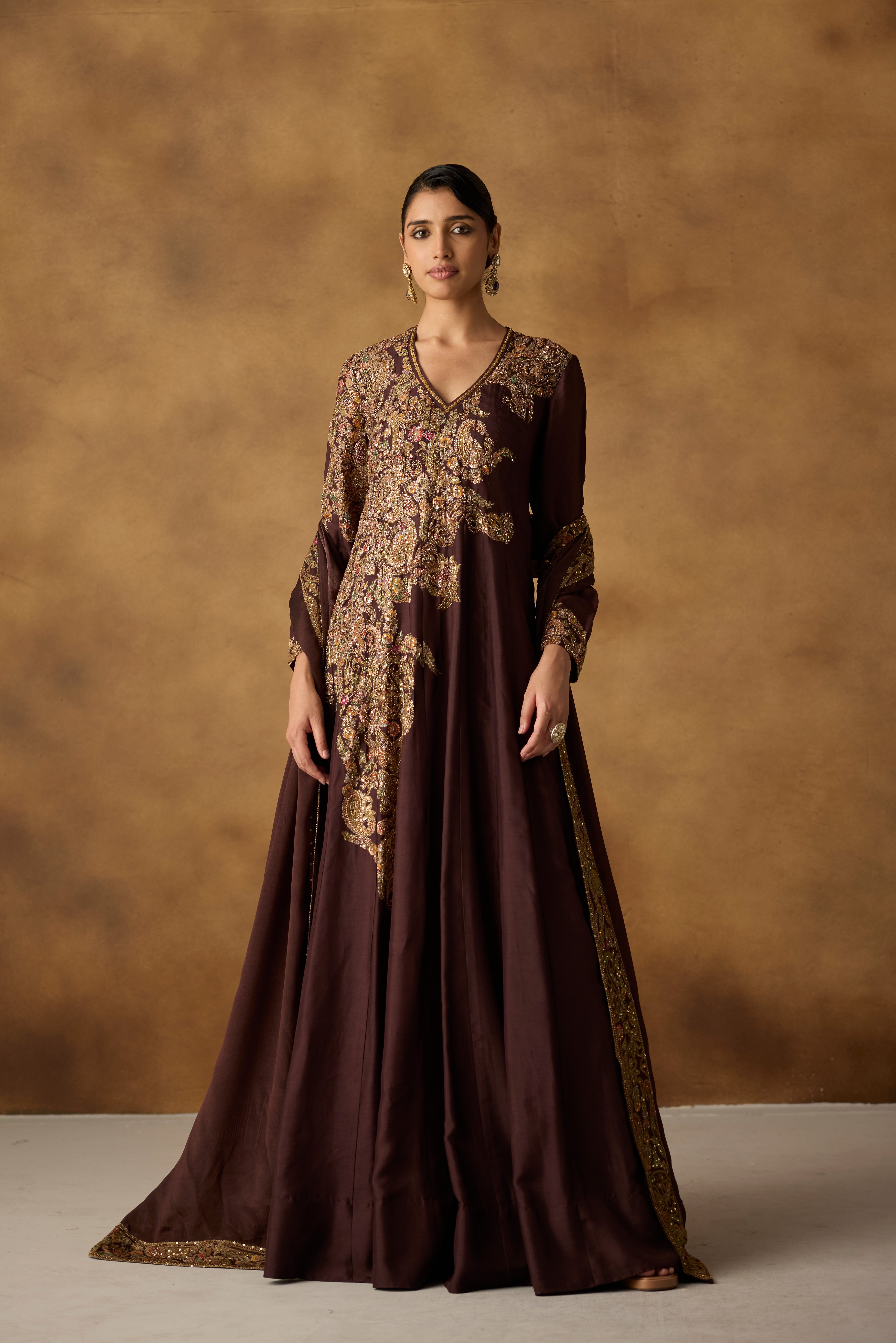 Maple Brown Embellished Chanderi Silk Anarkali Gown