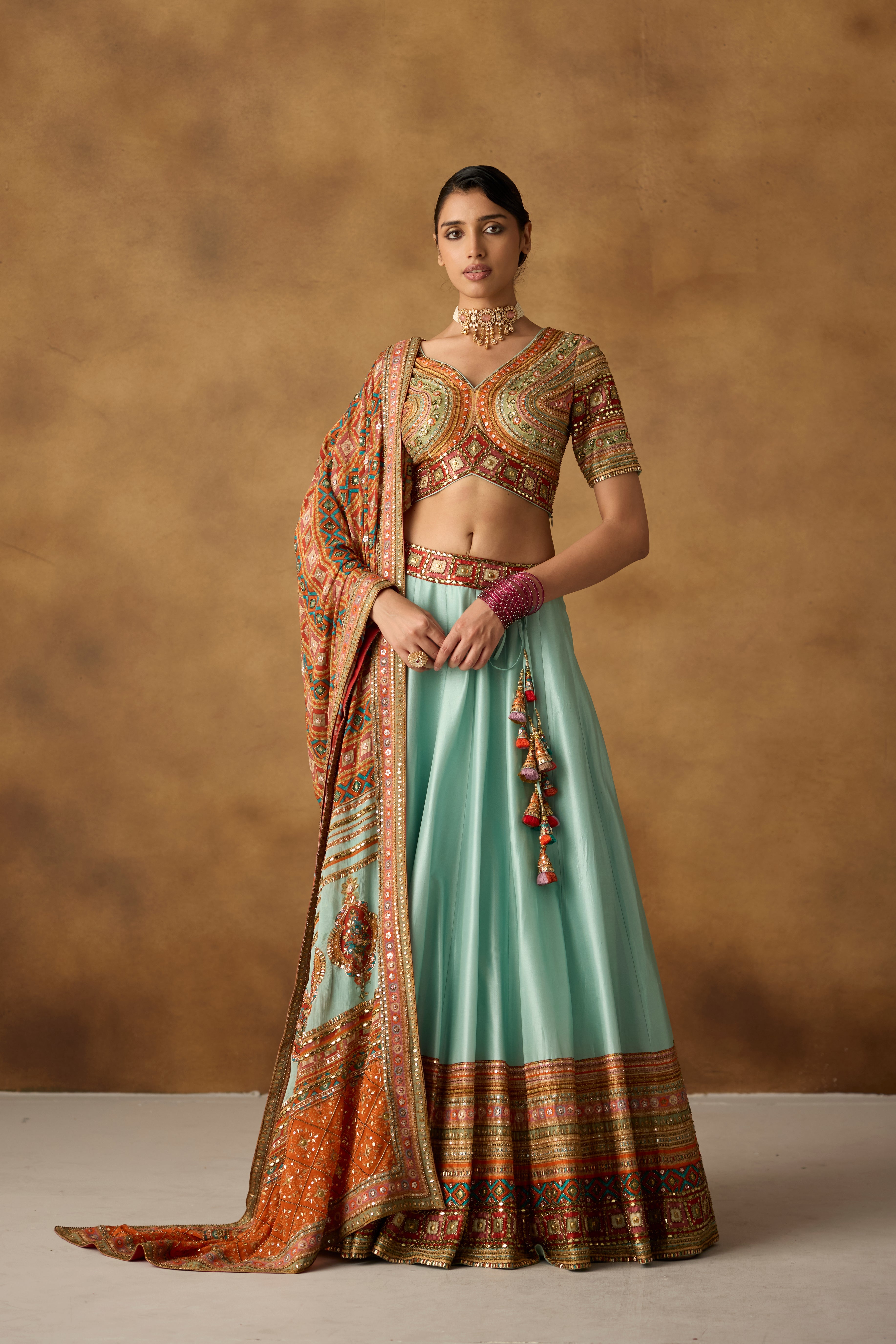 Cyan Blue Embellished Dola Silk Lehenga Set
