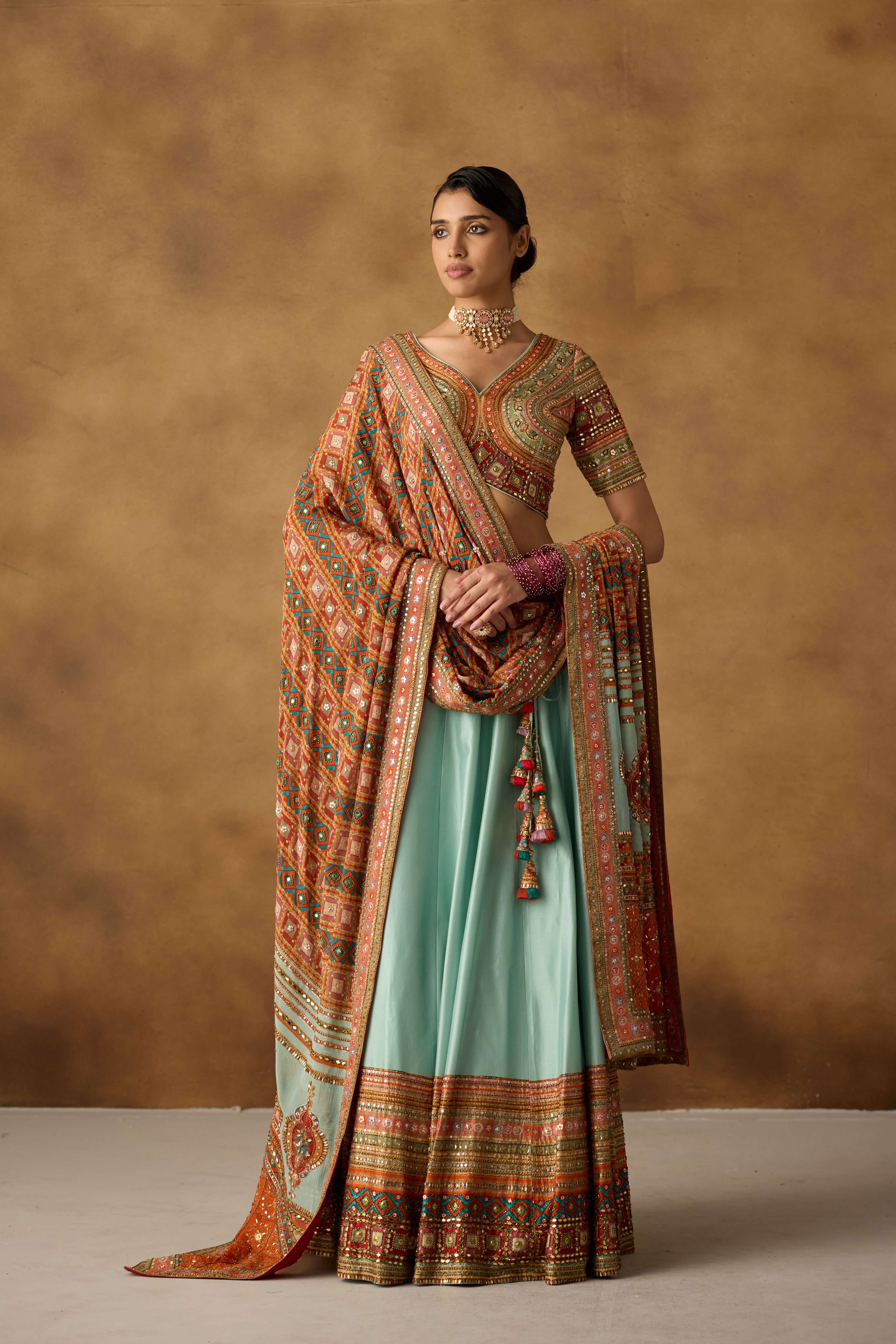 Cyan Blue Embellished Dola Silk Lehenga Set