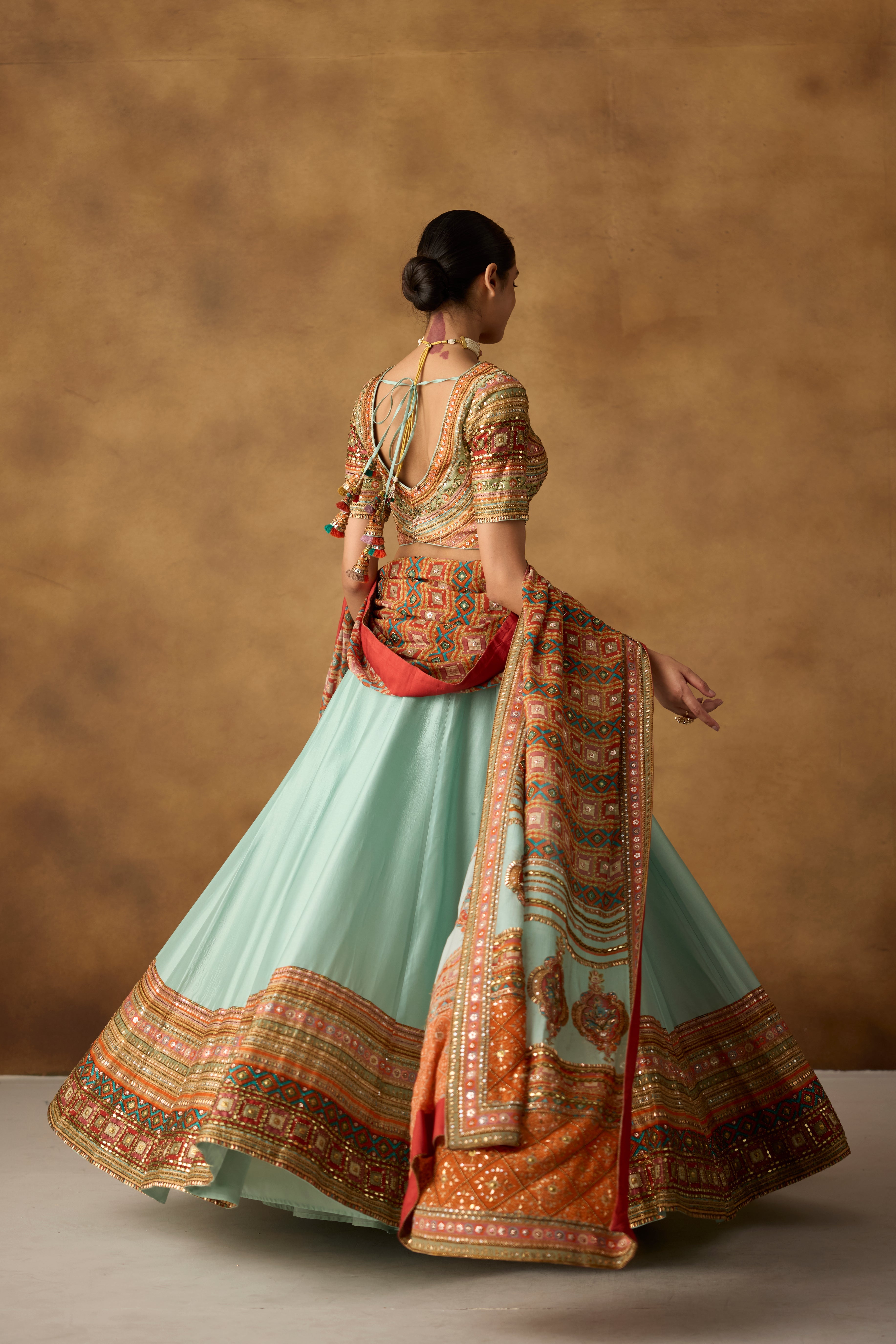 Cyan Blue Embellished Dola Silk Lehenga Set