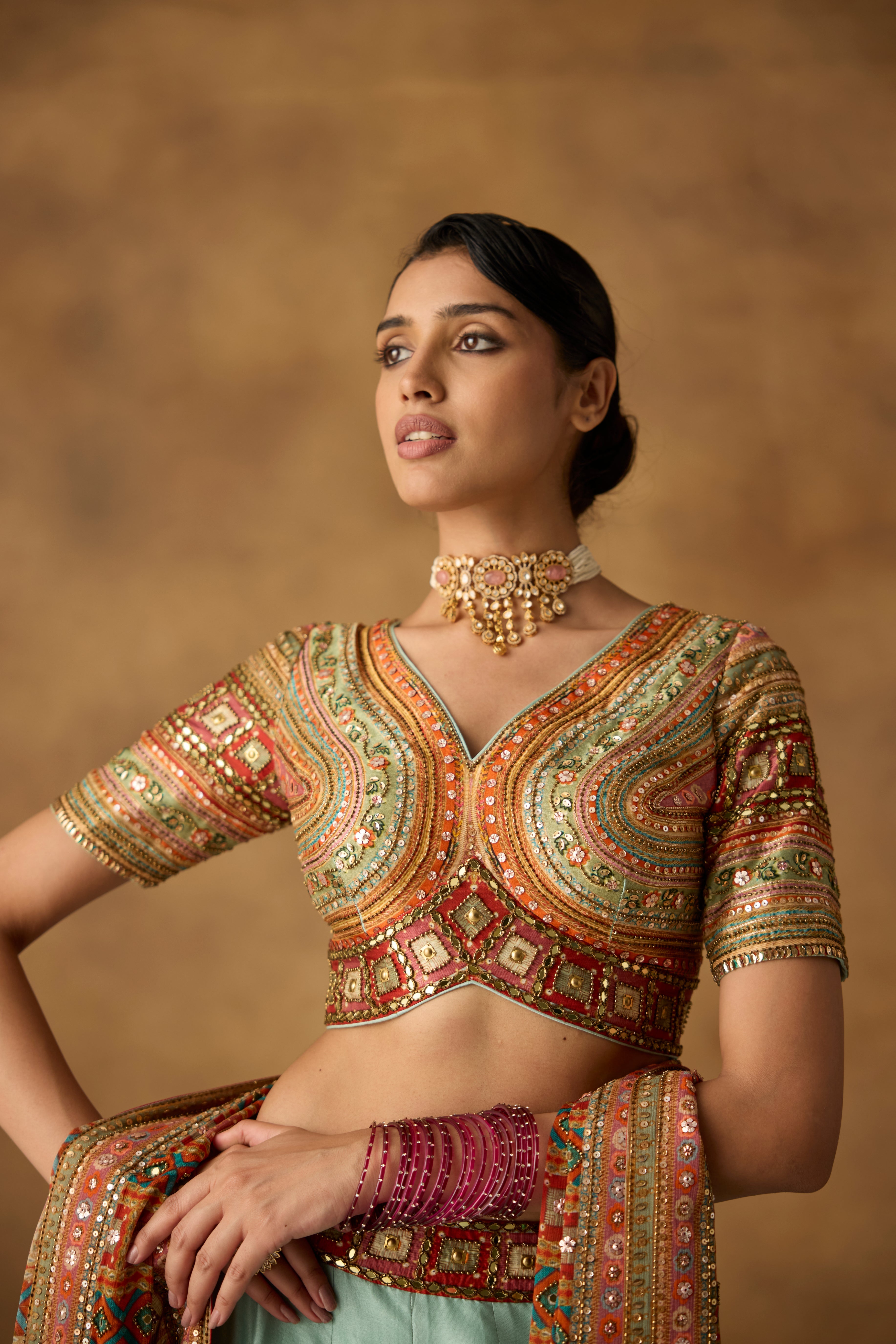 Cyan Blue Embellished Dola Silk Lehenga Set