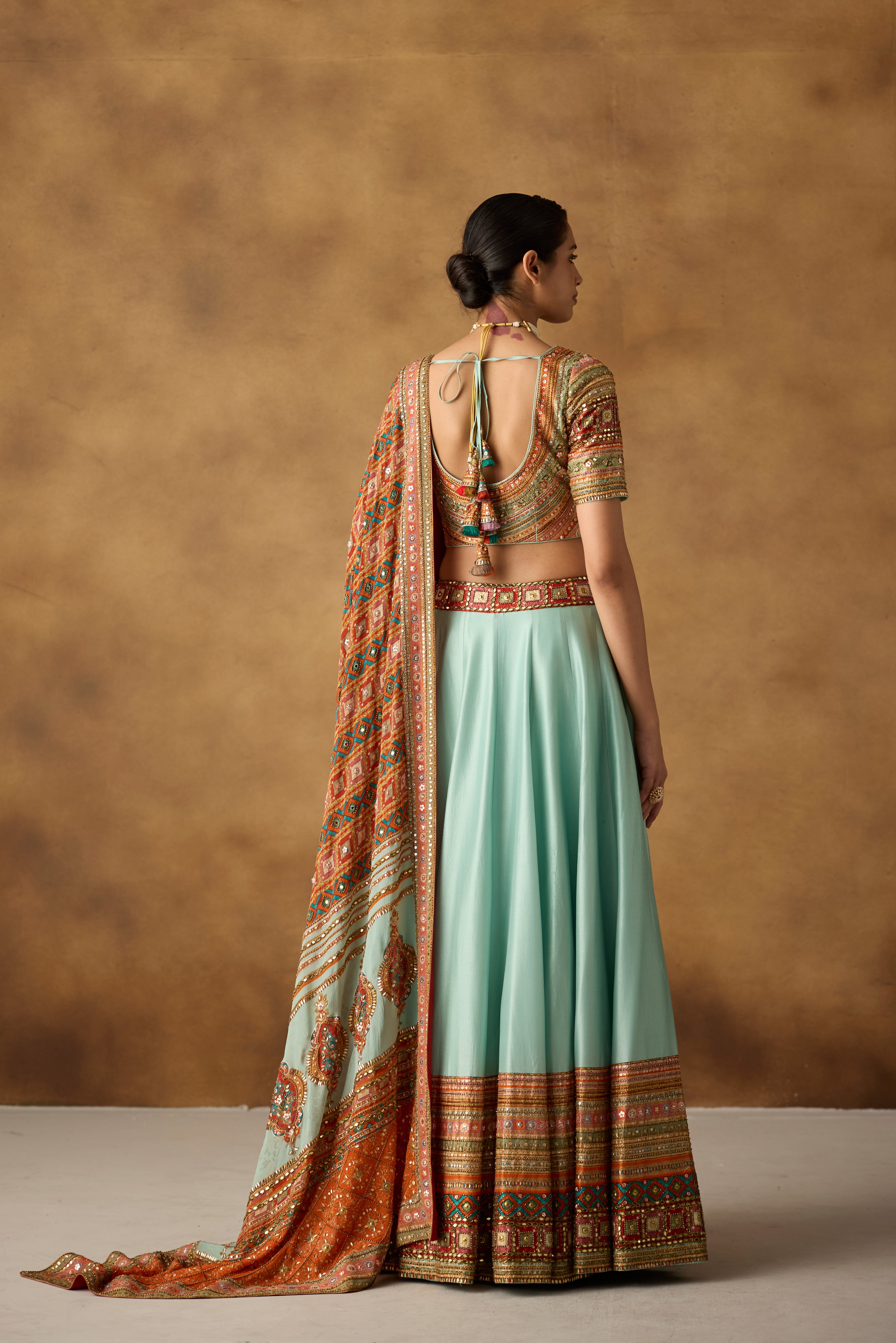 Cyan Blue Embellished Dola Silk Lehenga Set