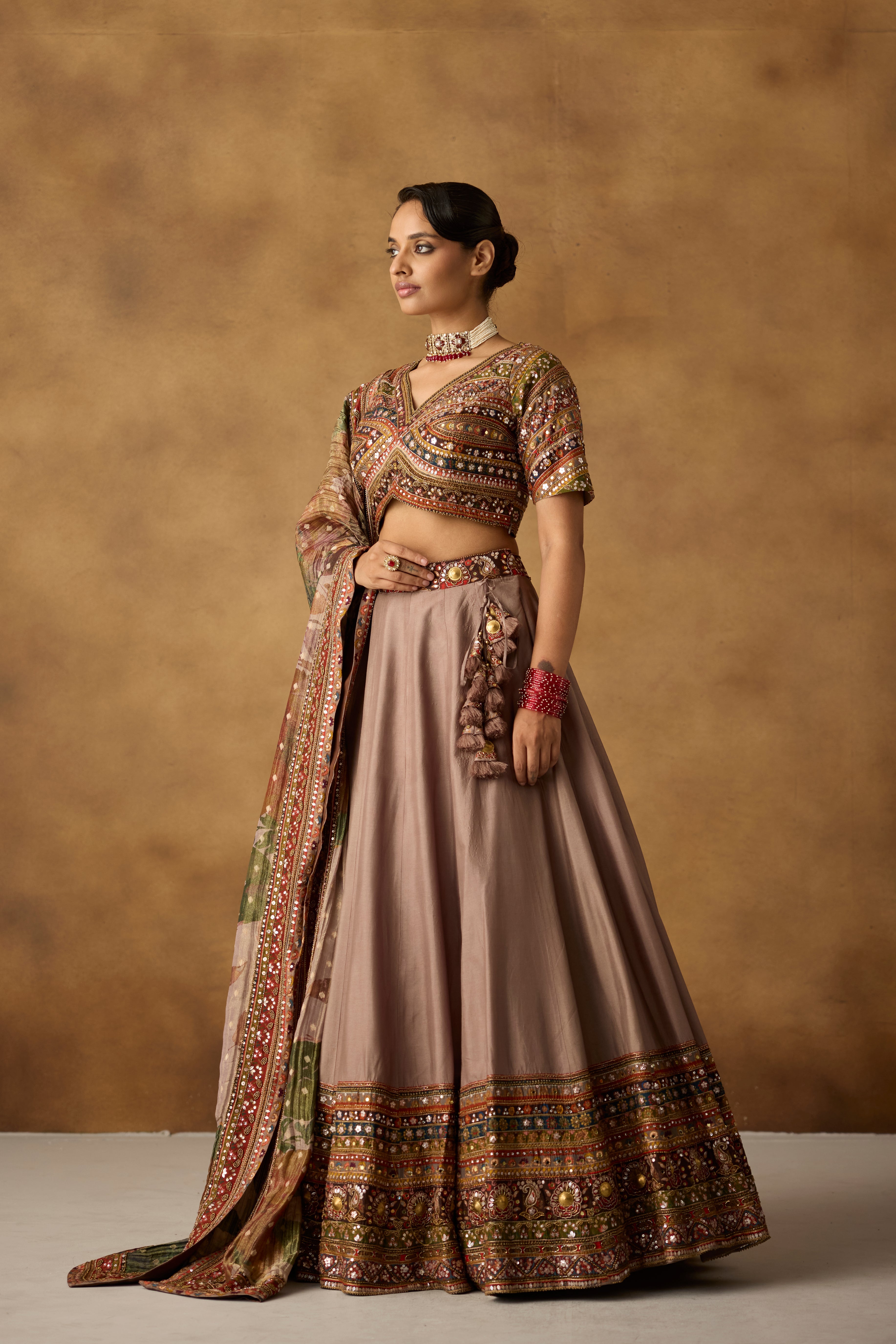 Taupe Multi Embellished Dola Silk Lehenga Set
