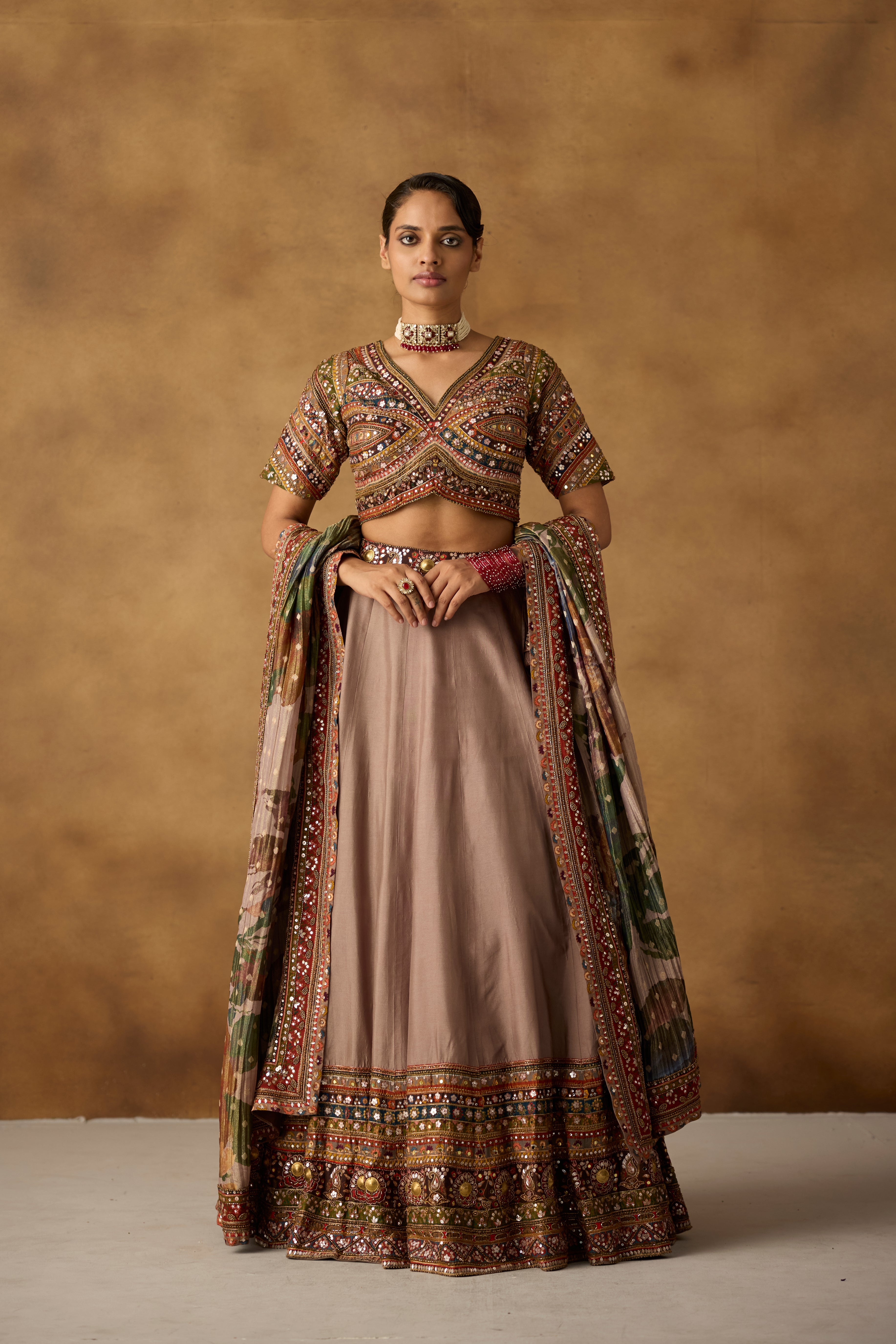 Taupe Multi Embellished Dola Silk Lehenga Set