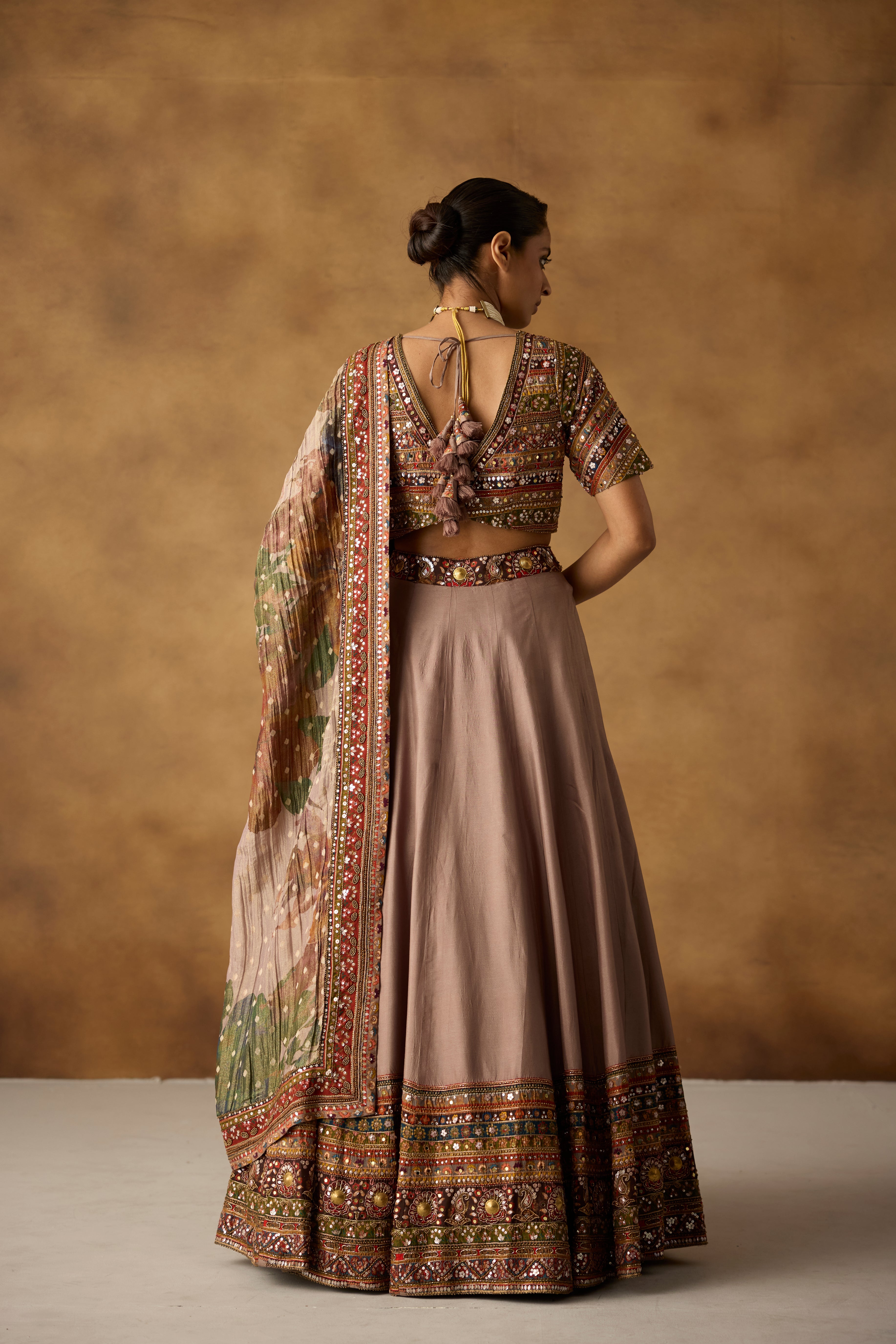 Taupe Multi Embellished Dola Silk Lehenga Set
