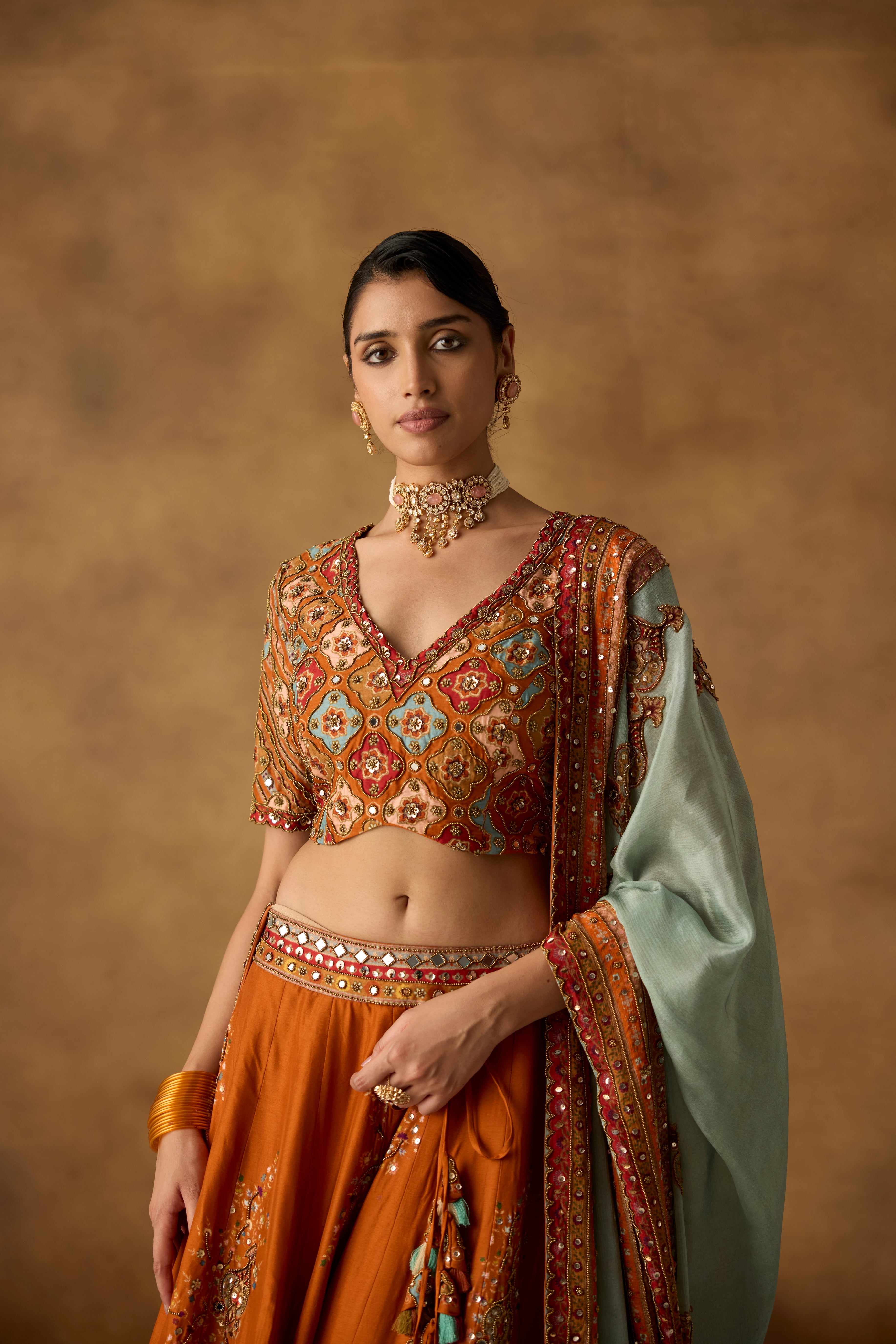 Rust Embellished Chanderi Silk Lehenga Set