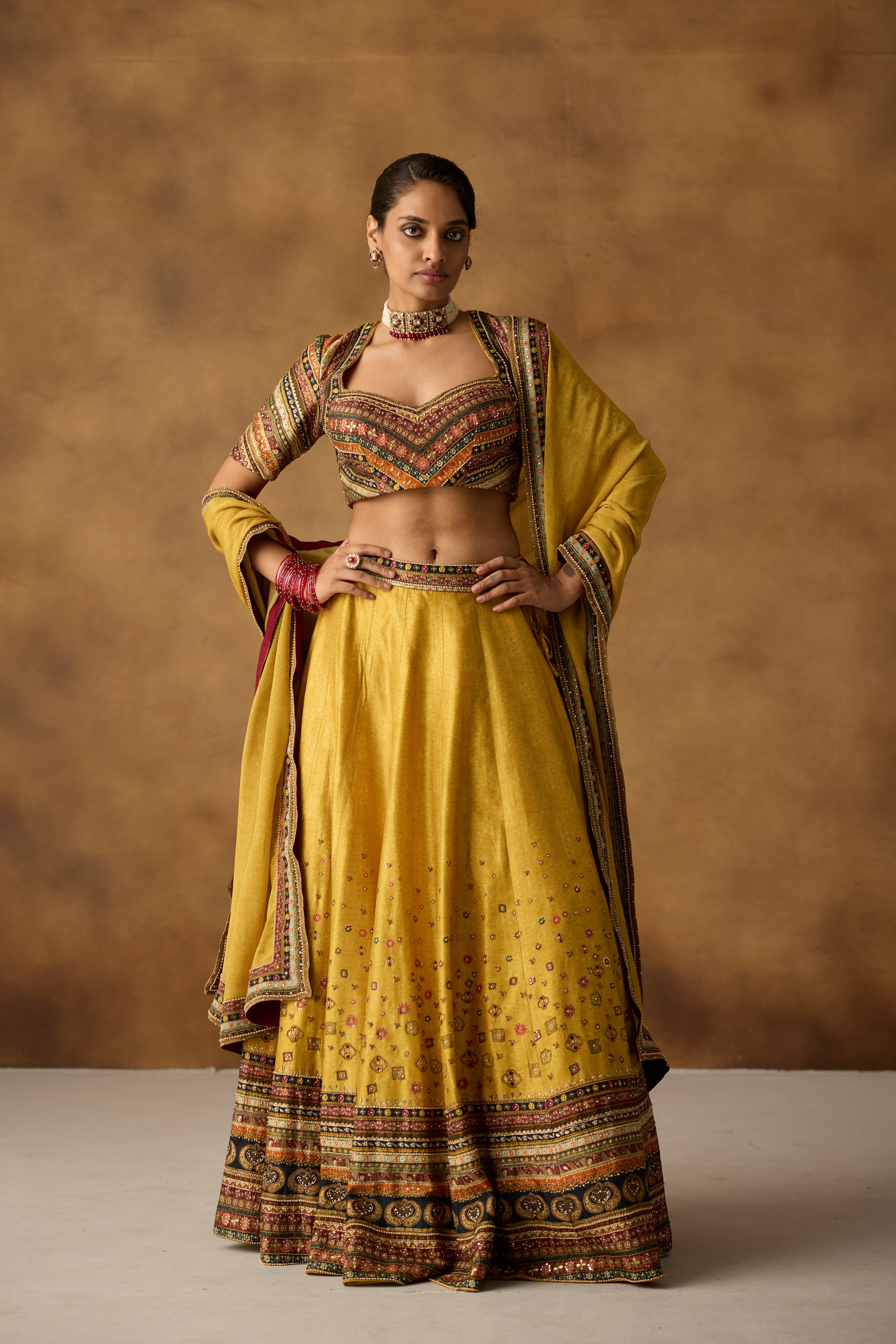 Mustard Yellow Embellished Dola Silk Lehenga Set