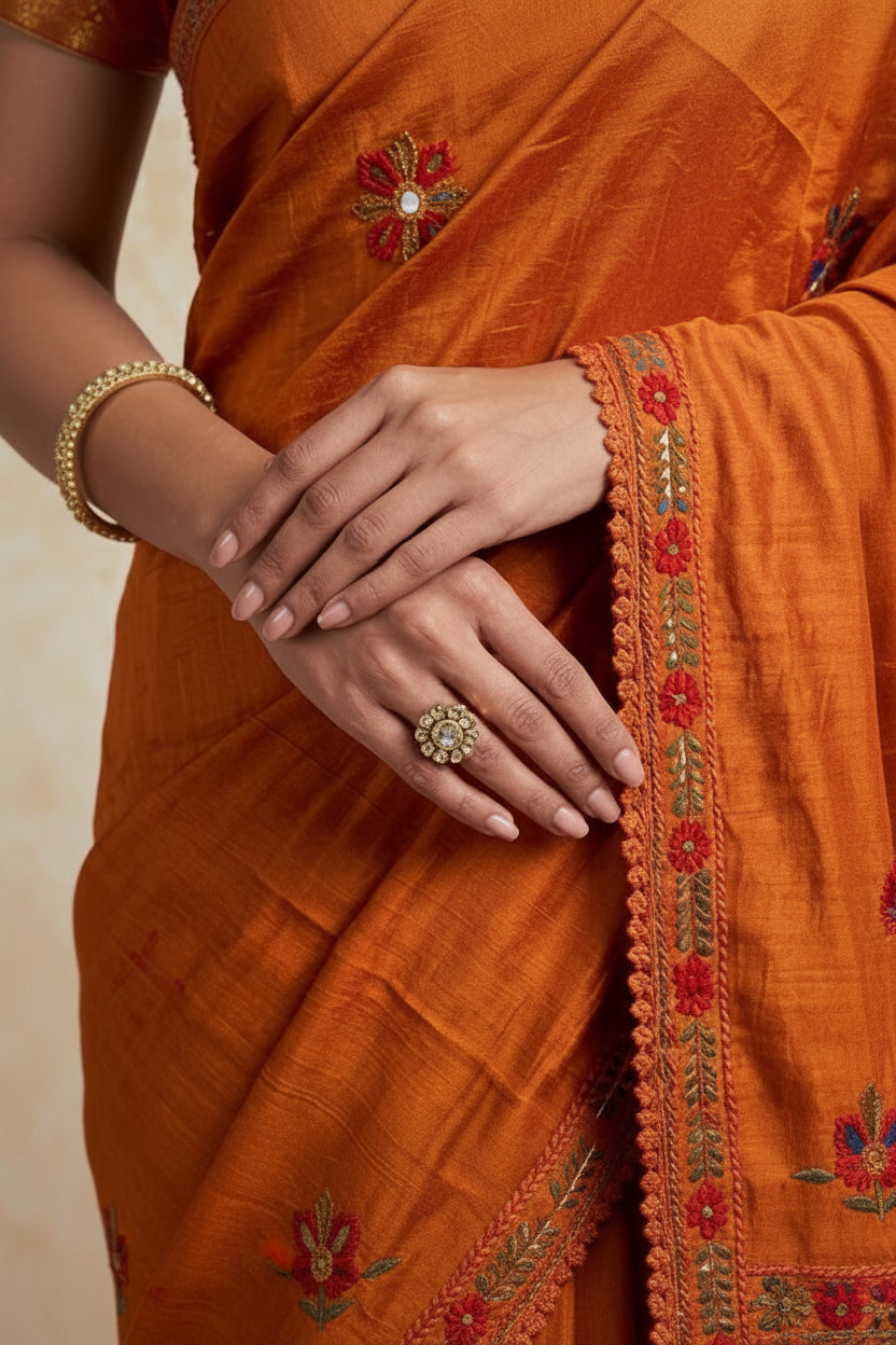 Cinnamon Orange Kantha Pure Tussar Silk Saree