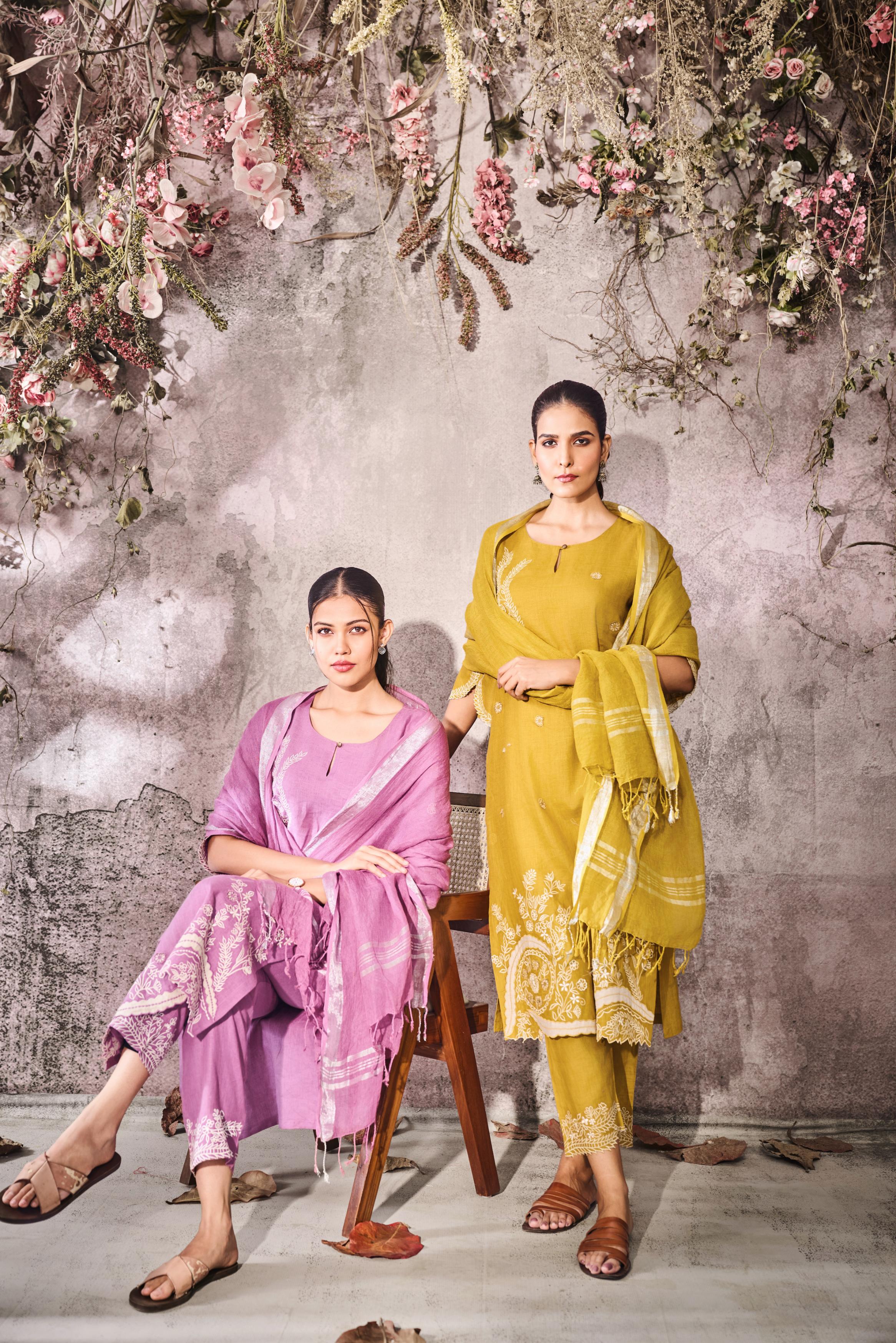 Mustard Yellow Embroidered Linen Silk Pant Set