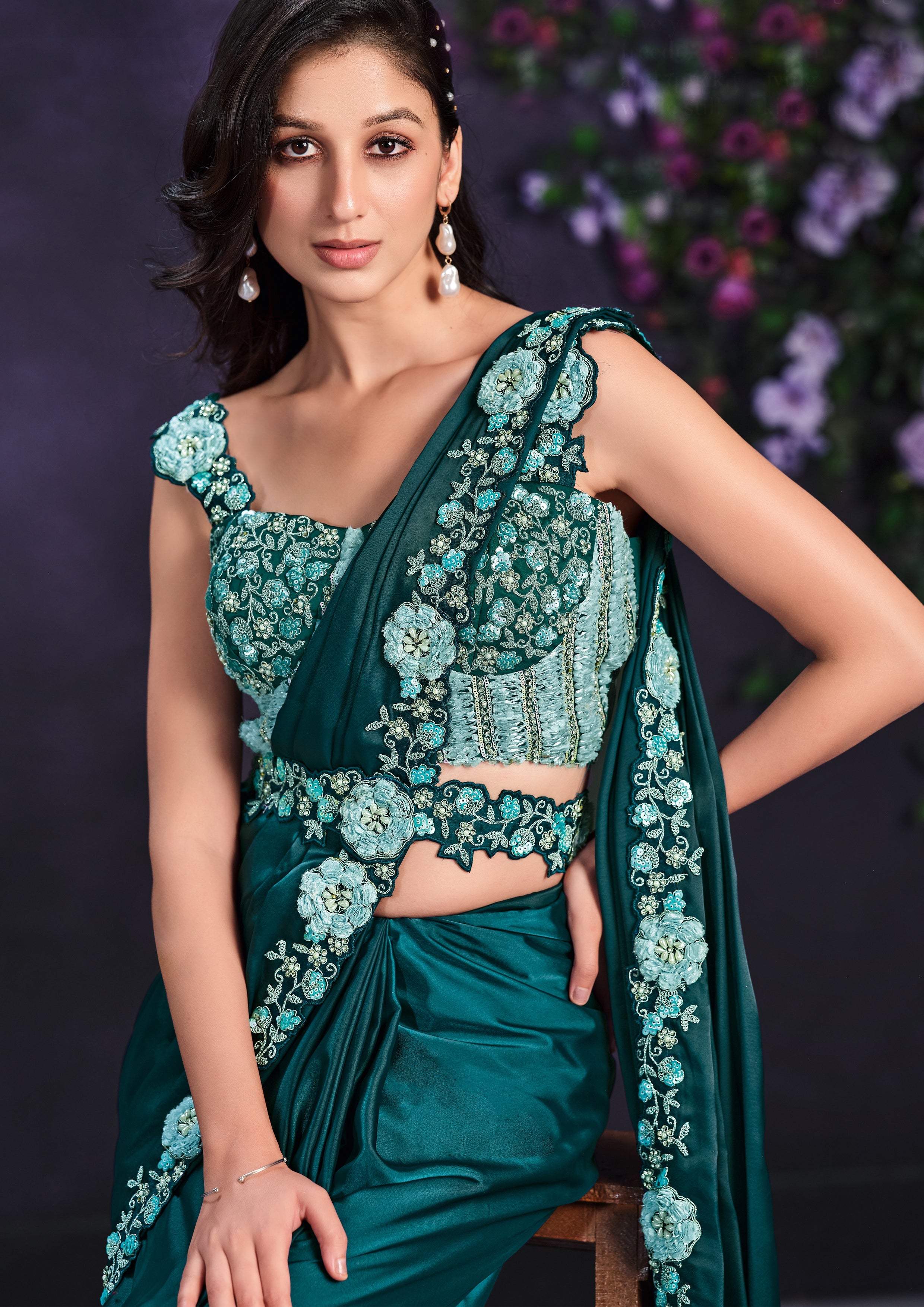 Teal Blossom Embellished Crepe Satin Silk Saree