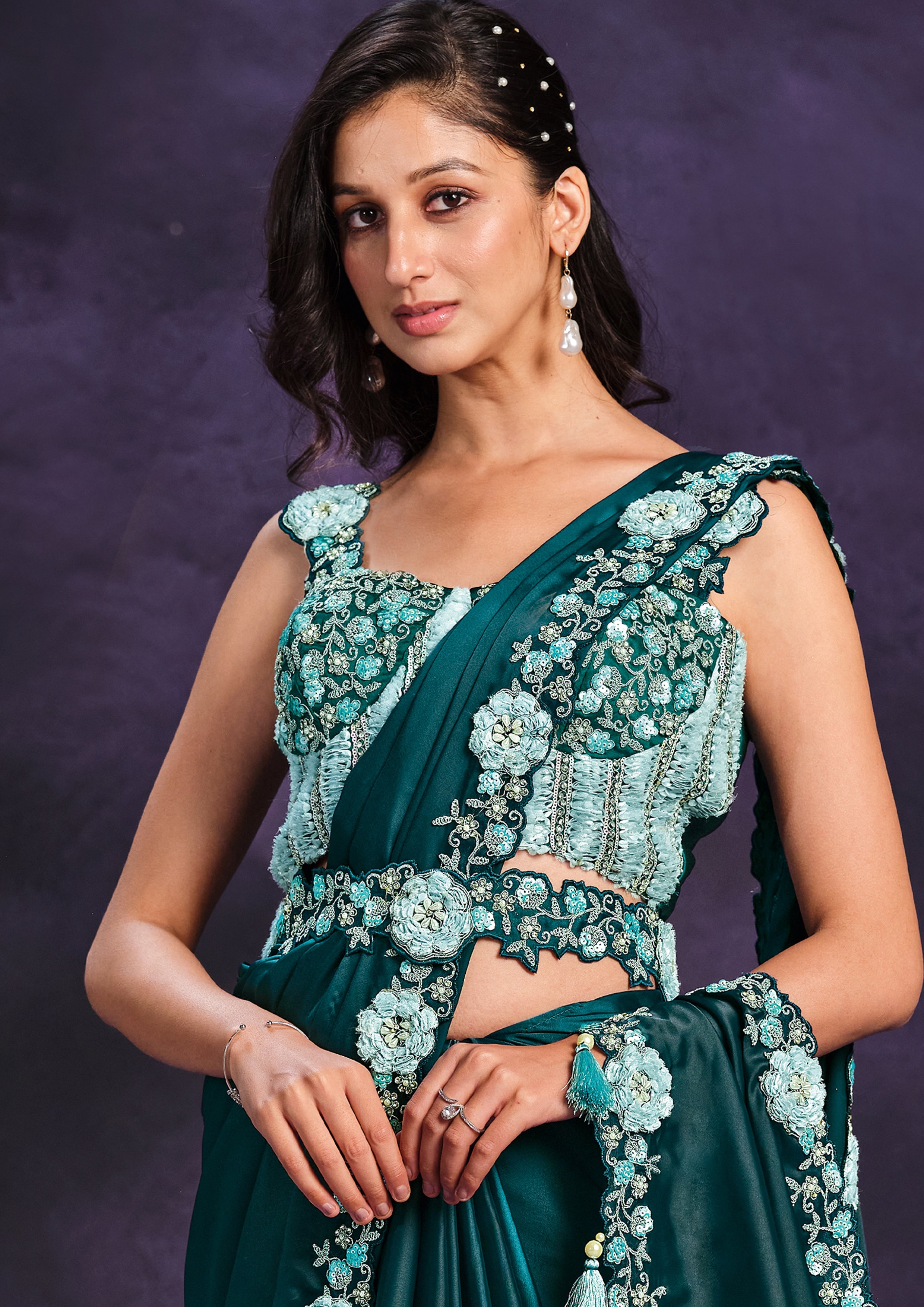 Teal Blossom Embellished Crepe Satin Silk Saree