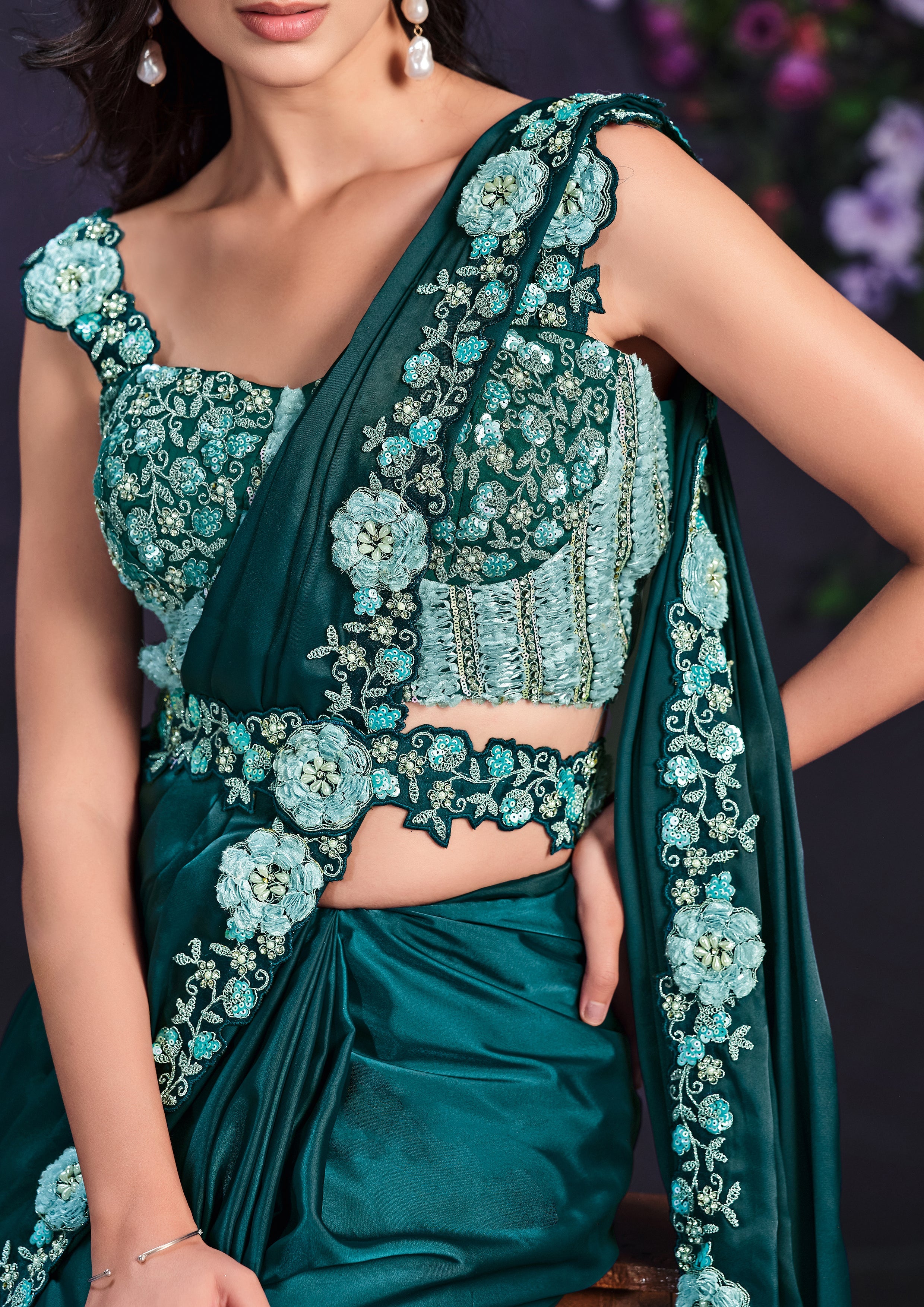Teal Blossom Embellished Crepe Satin Silk Saree