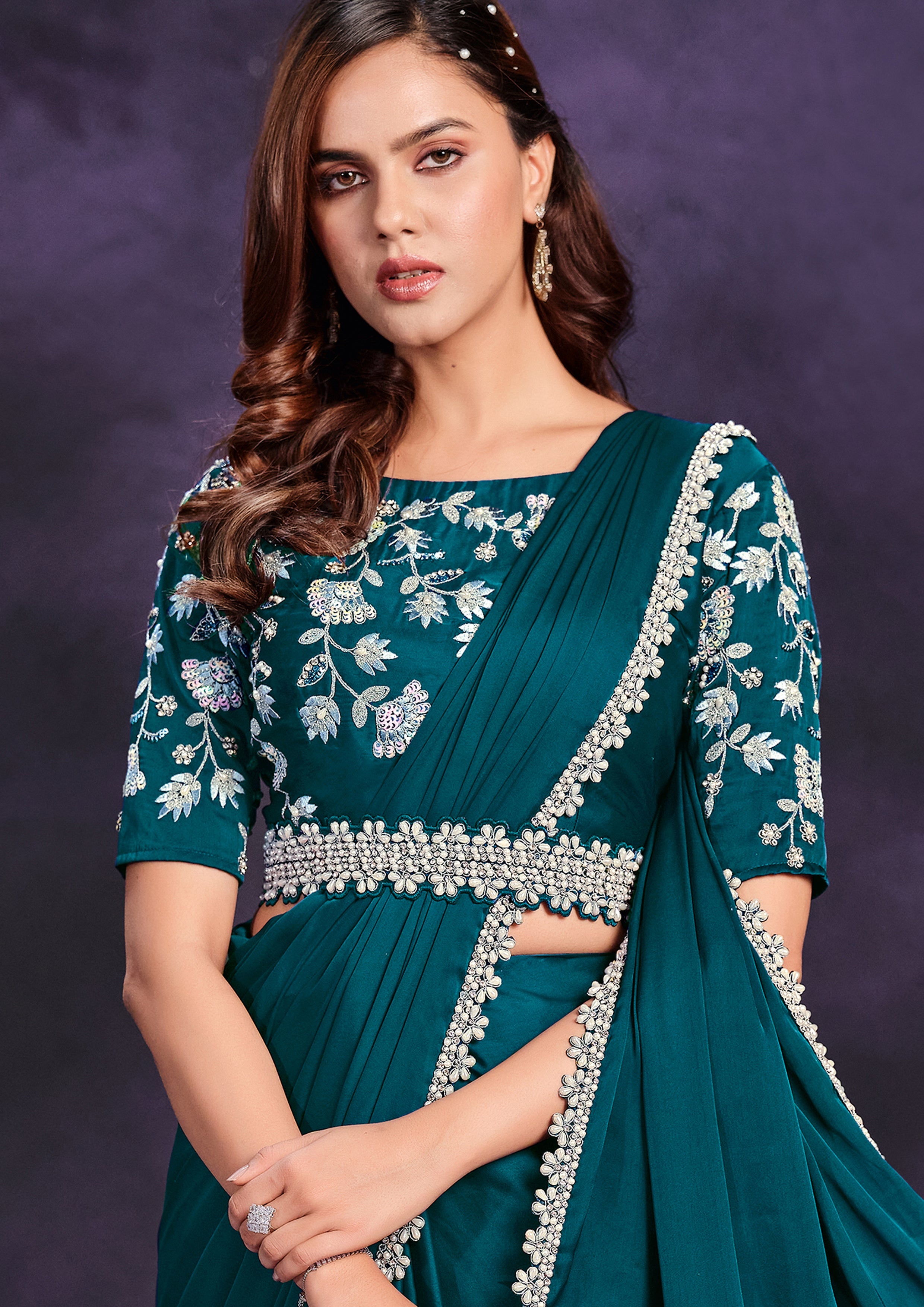 Teal Botanical Embellished Crepe Satin Silk Saree
