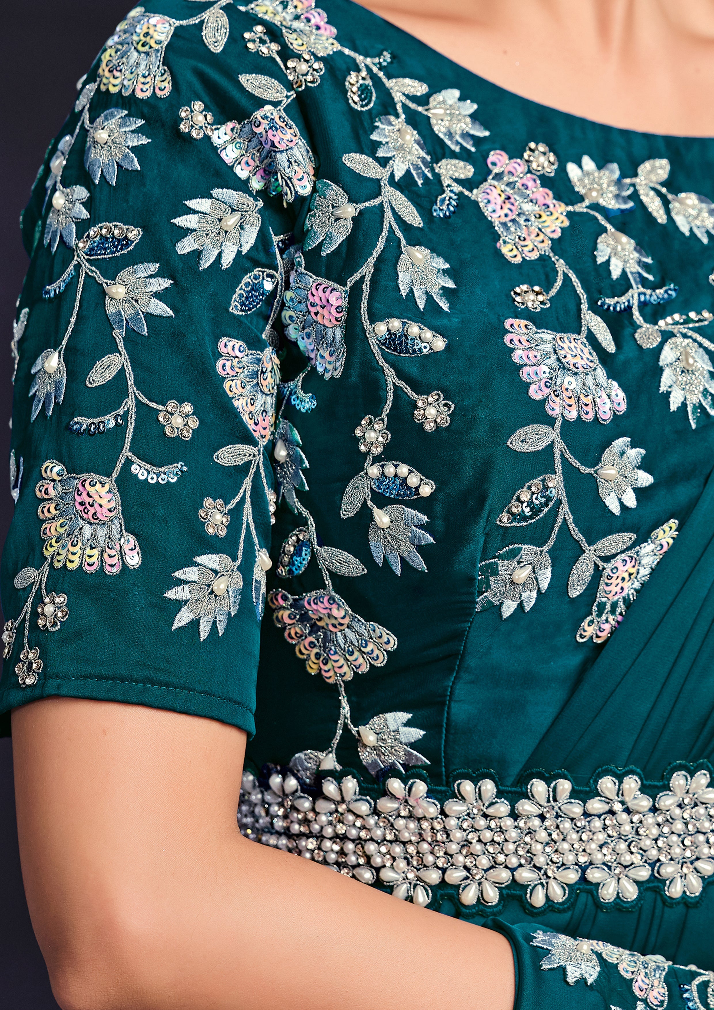 Teal Botanical Embellished Crepe Satin Silk Saree