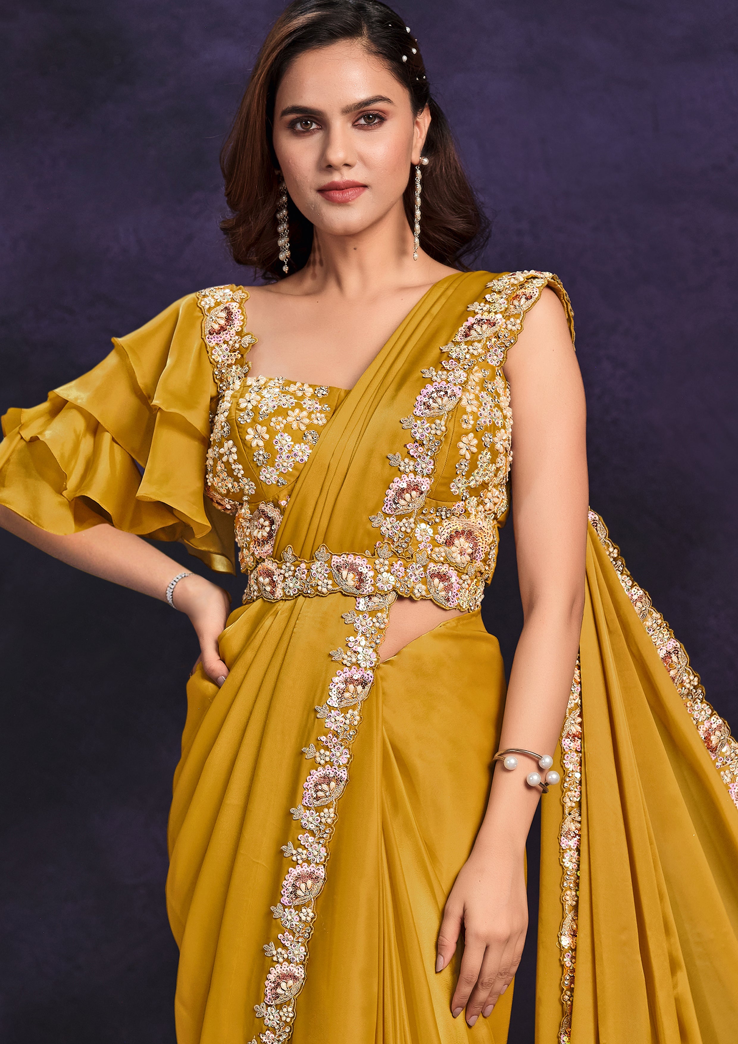 Mustard Ruffle Embellished Crepe Satin Silk Saree