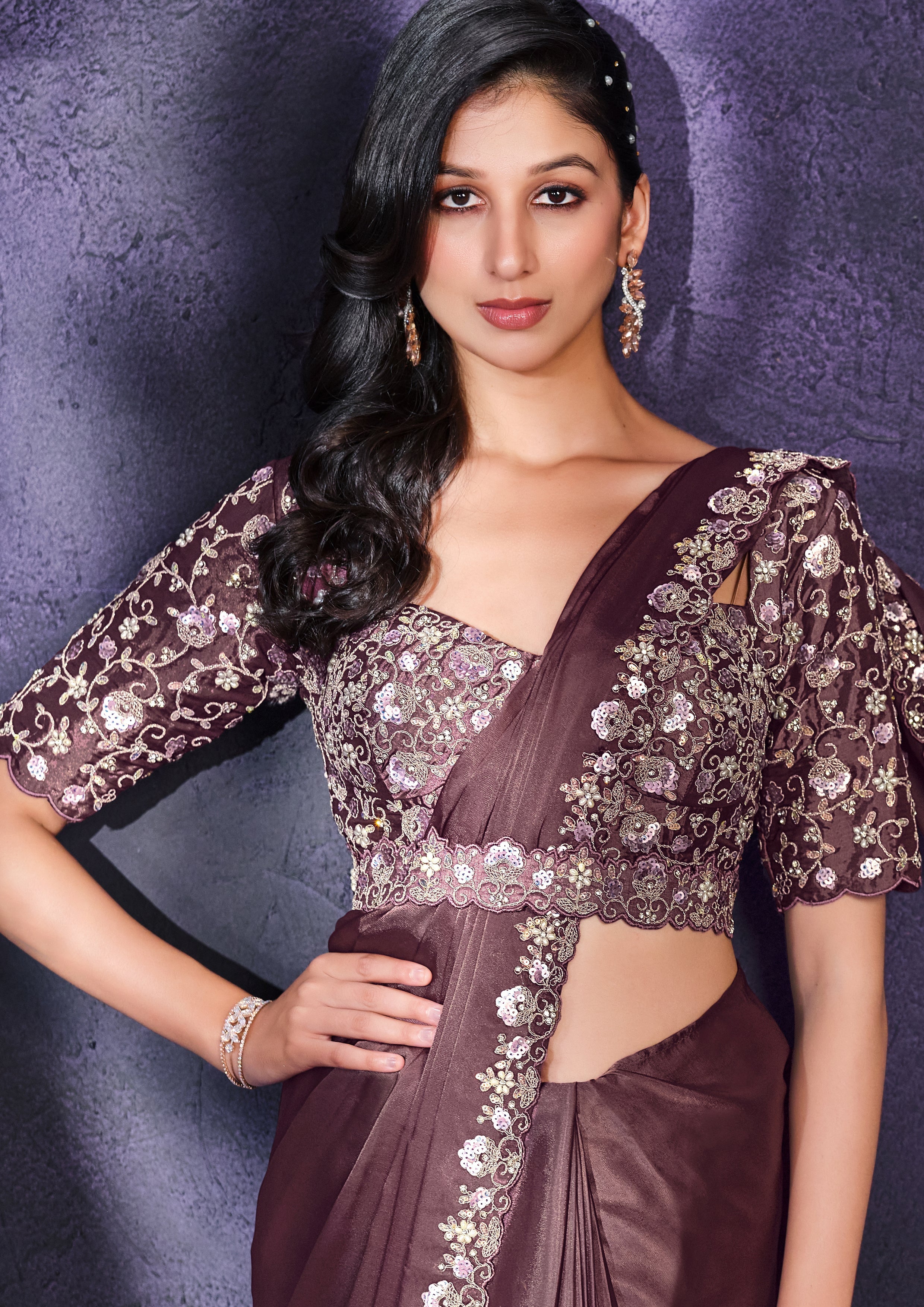 Muted Plum Embellished Crepe Satin Silk Saree