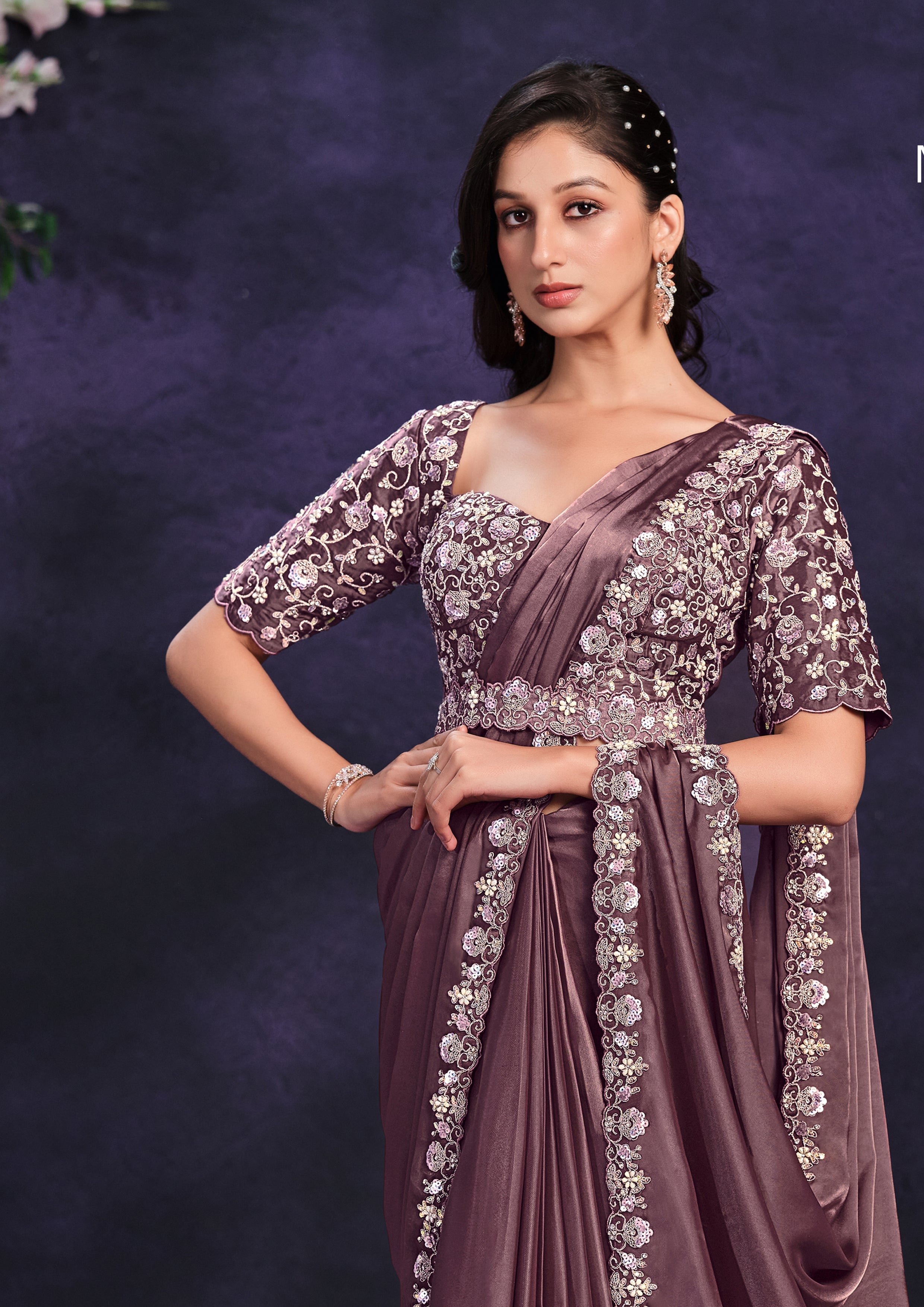 Muted Plum Embellished Crepe Satin Silk Saree