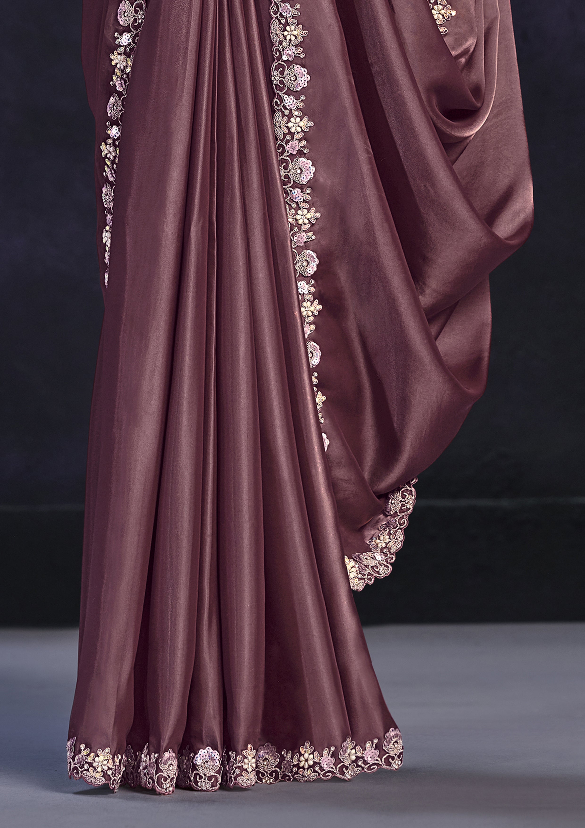 Muted Plum Embellished Crepe Satin Silk Saree