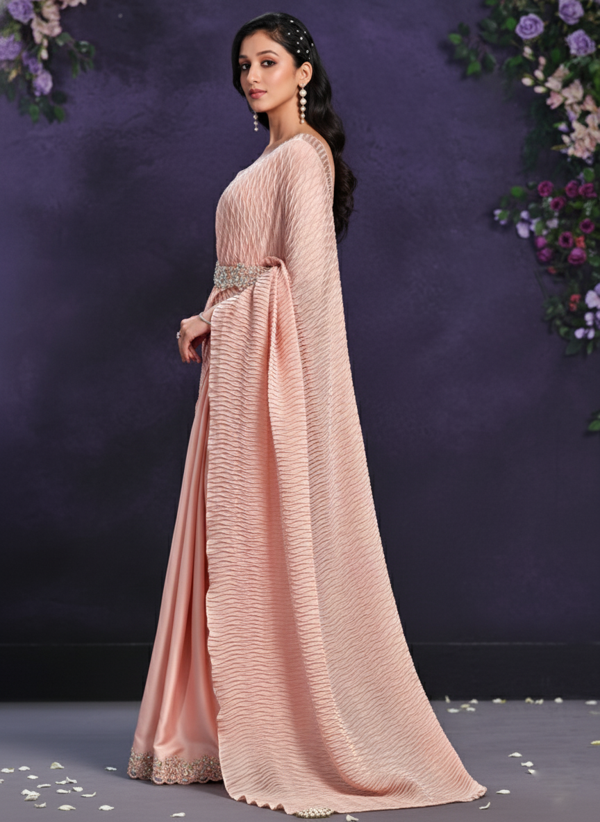 Peach Embellished Crape Satin Silk Saree