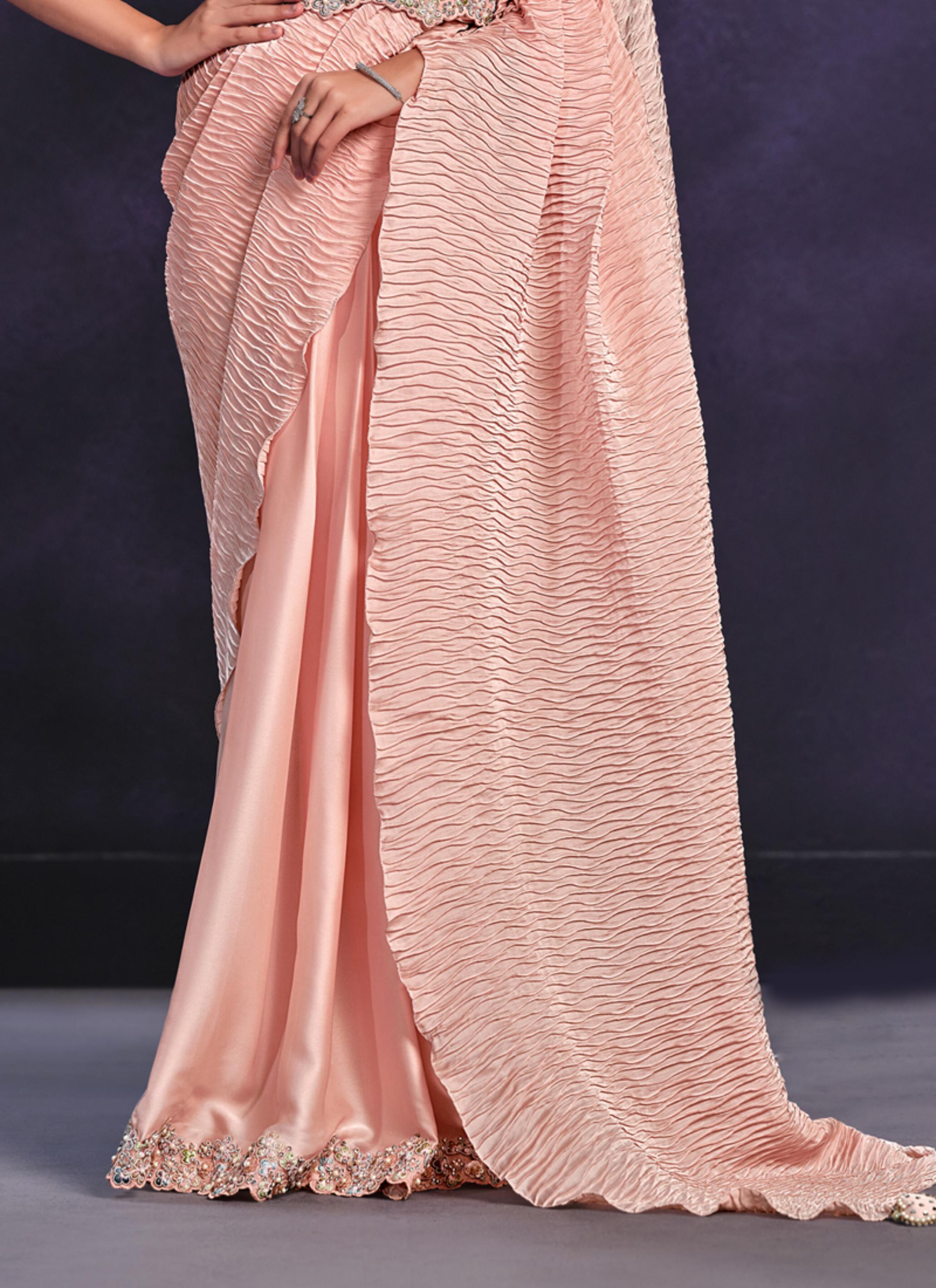 Peach Embellished Crape Satin Silk Saree