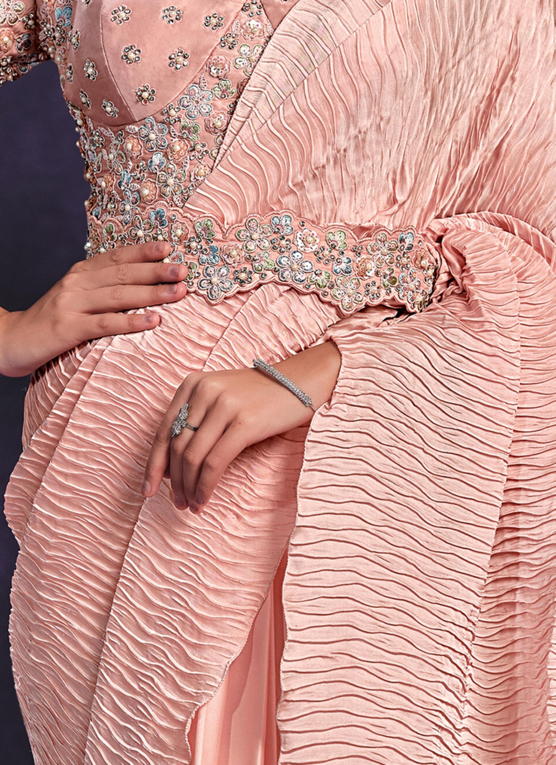 Peach Embellished Crape Satin Silk Saree