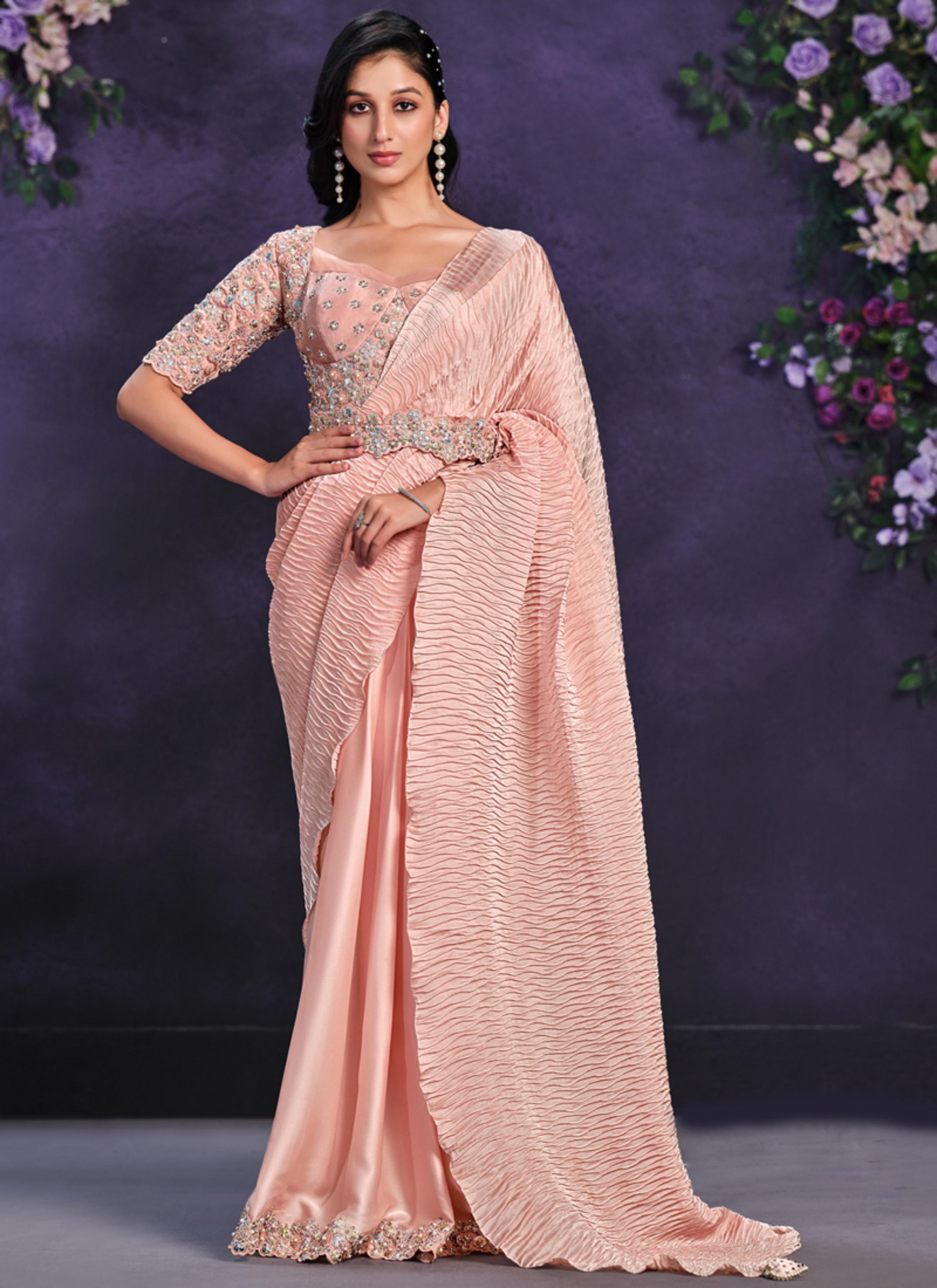 Peach Embellished Crape Satin Silk Saree