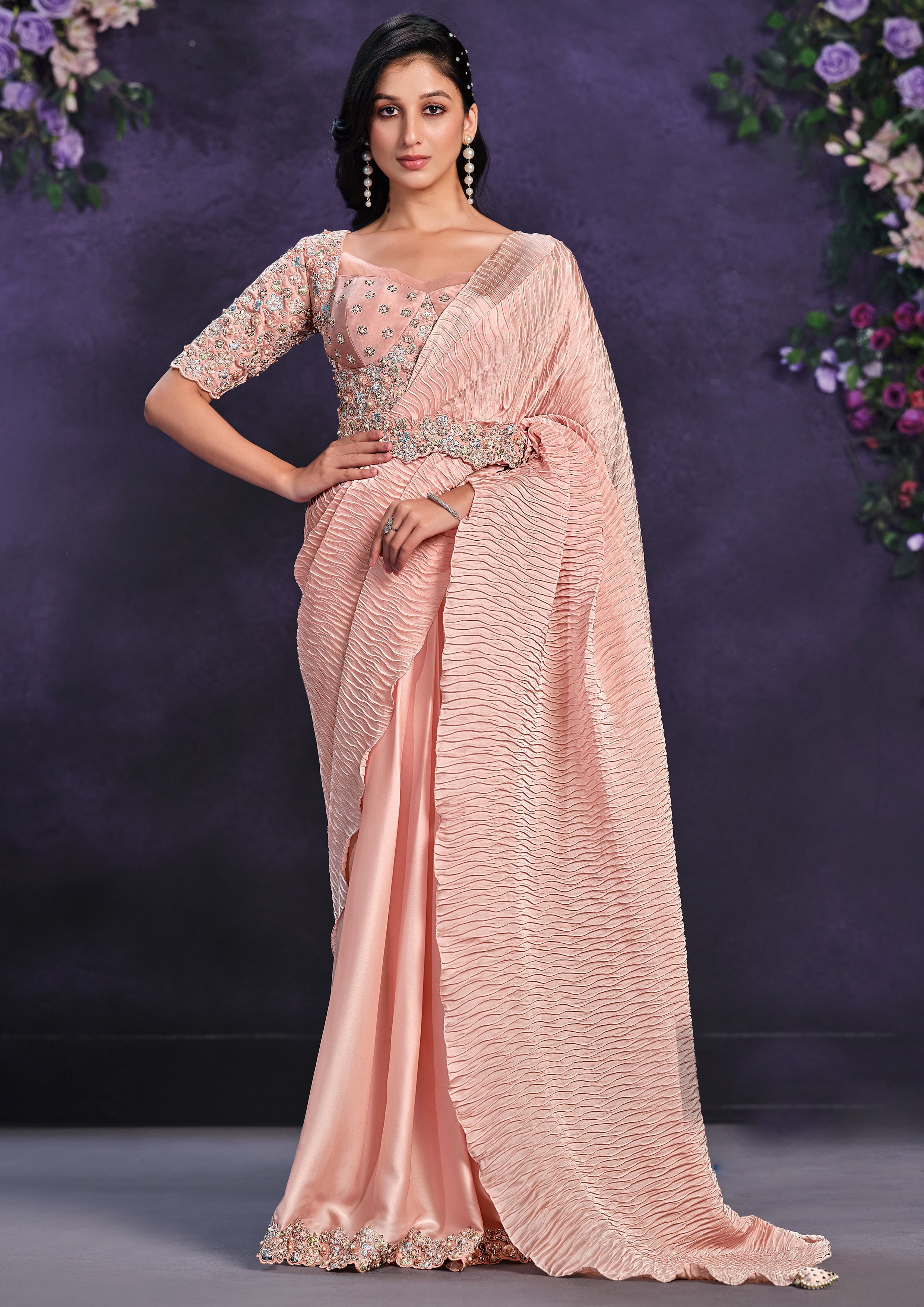 Peach Nectar Embellished Crepe Satin Silk Saree