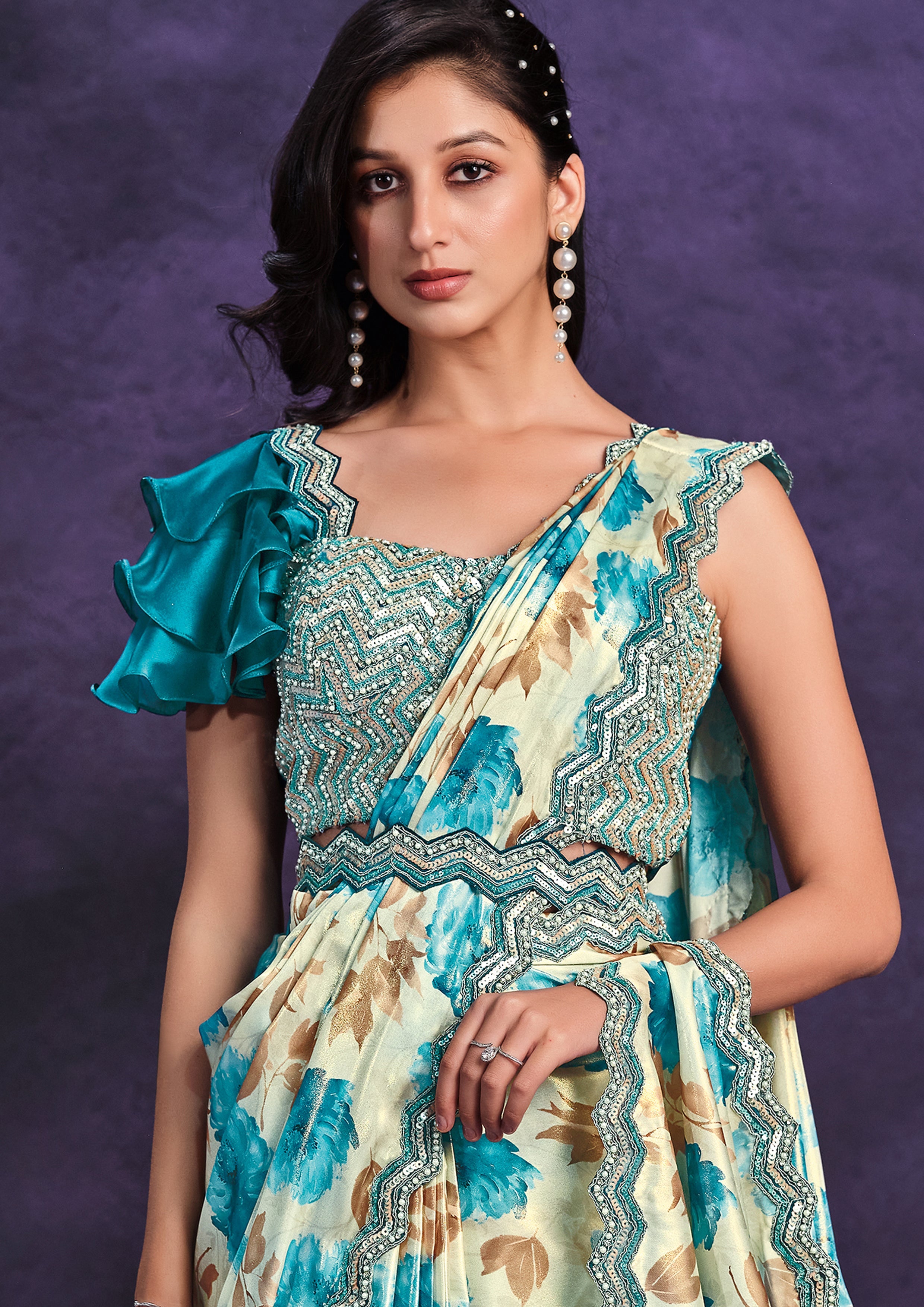 Aqua Floral Embellished Satin Silk Saree