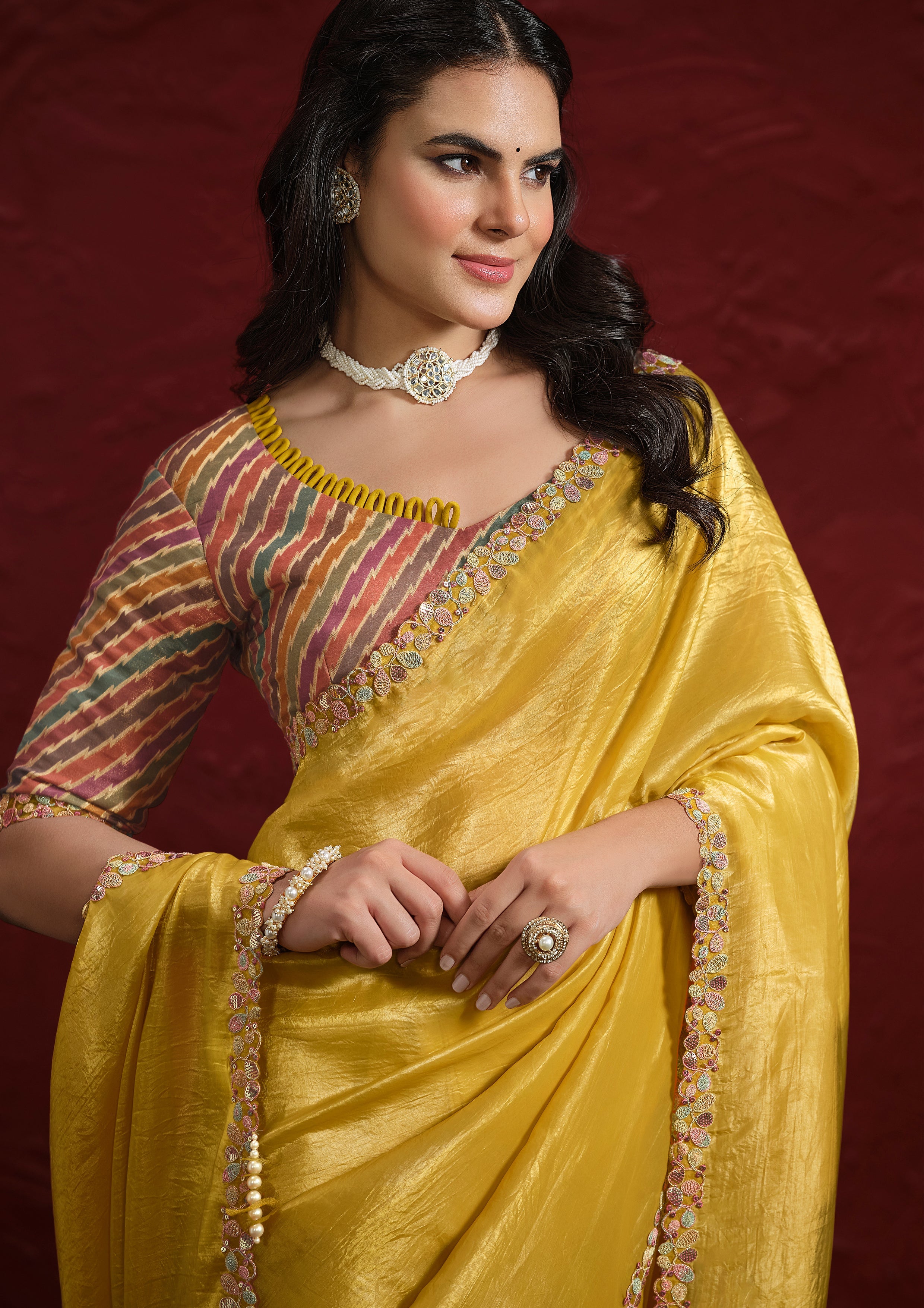 Mustard Yellow Embroidered Paper Silk Saree