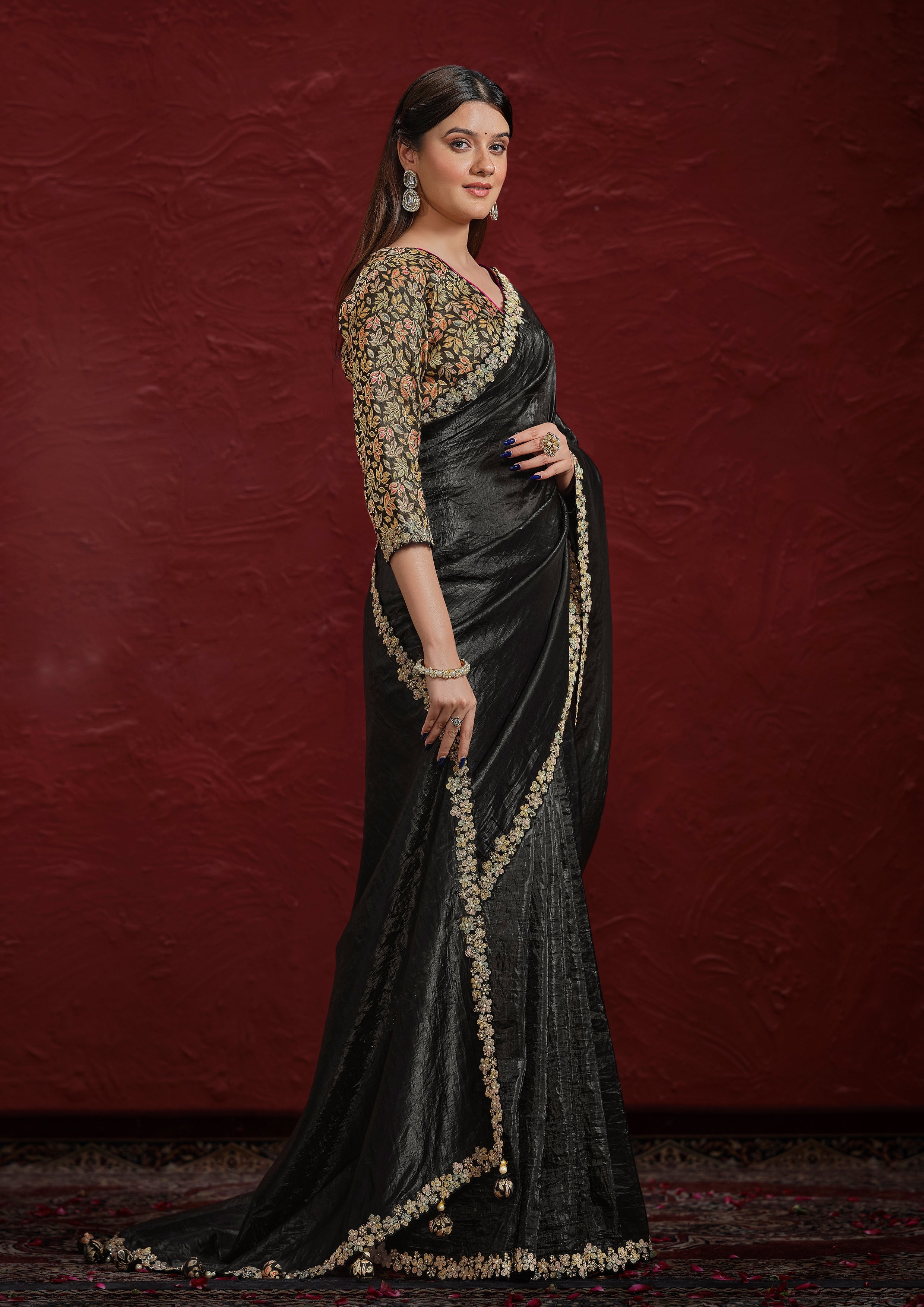 Obsidian Black Embroidered Paper Silk Saree