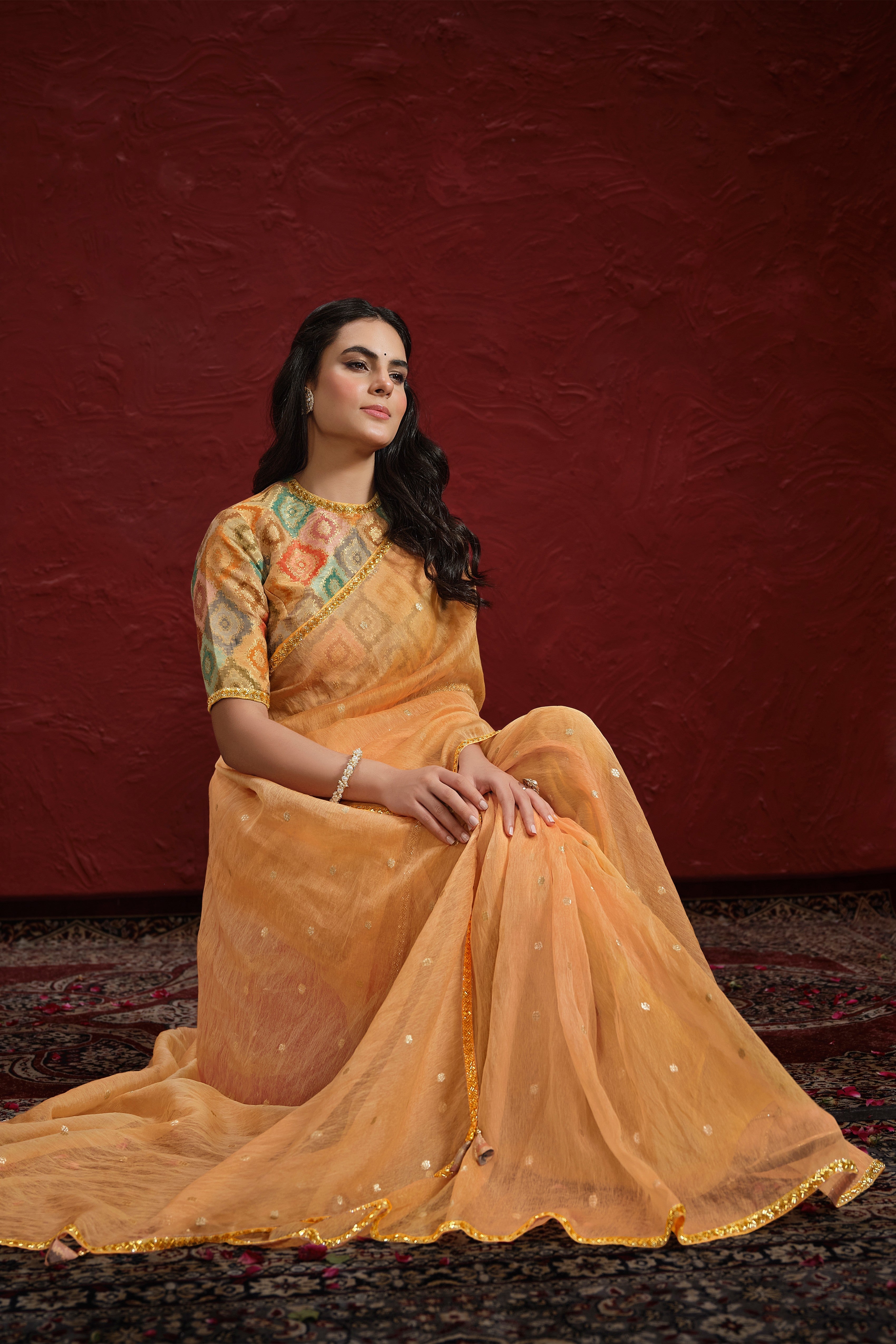 Summer Orange Embroidered Italian Paper Silk Saree