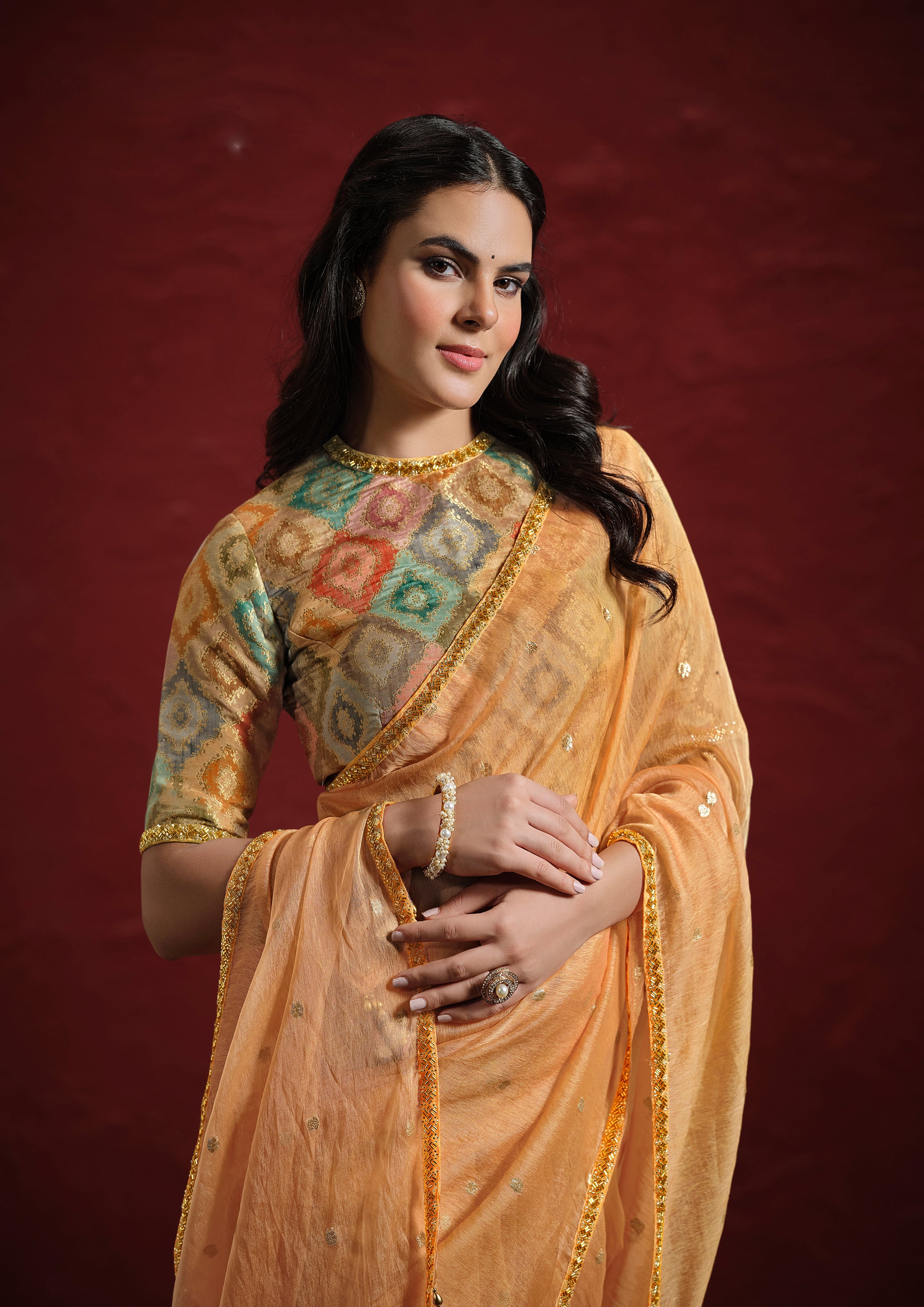 Peach Orange Embellished Jacquard Tussar Silk Saree