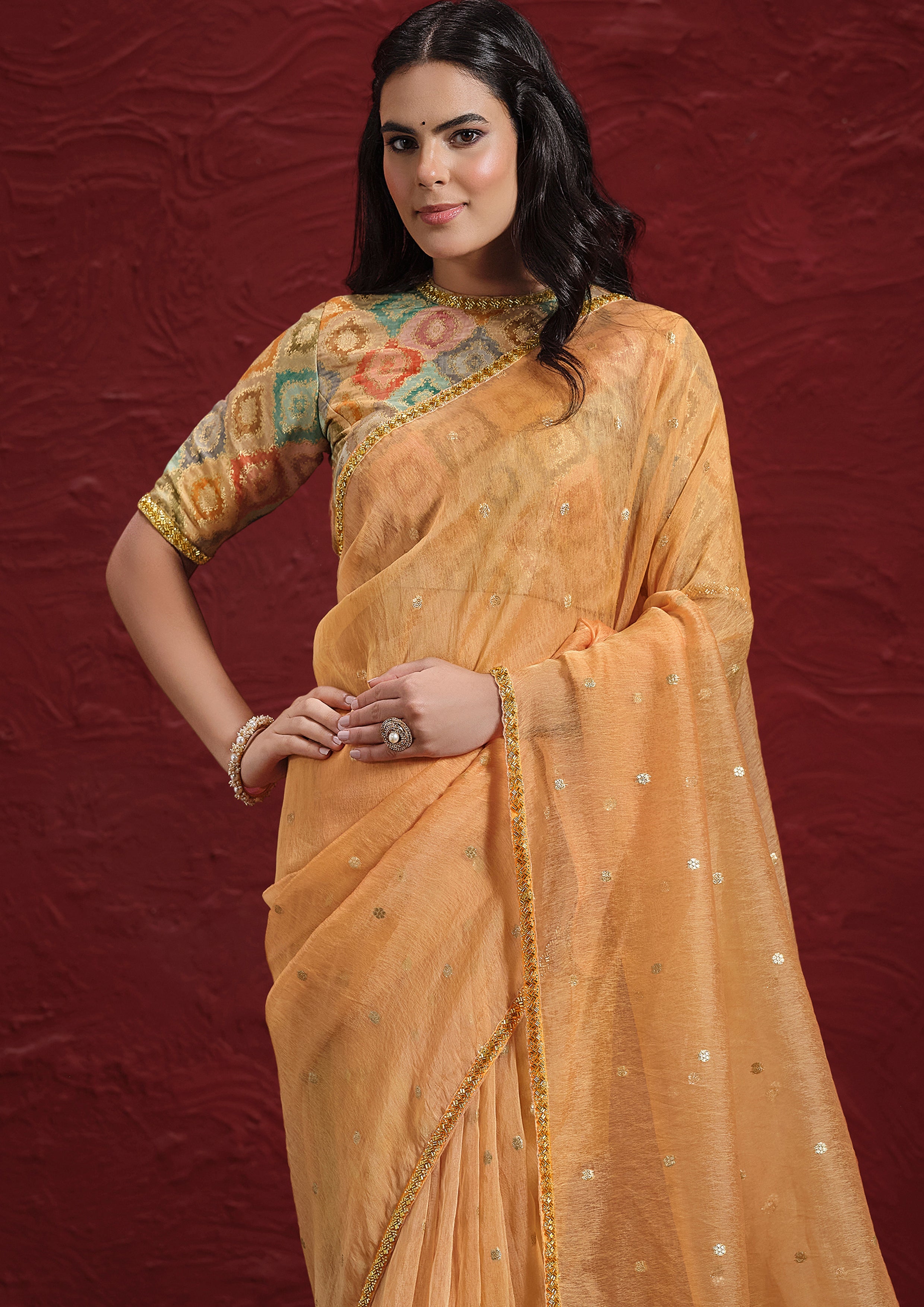 Peach Orange Embellished Jacquard Tussar Silk Saree