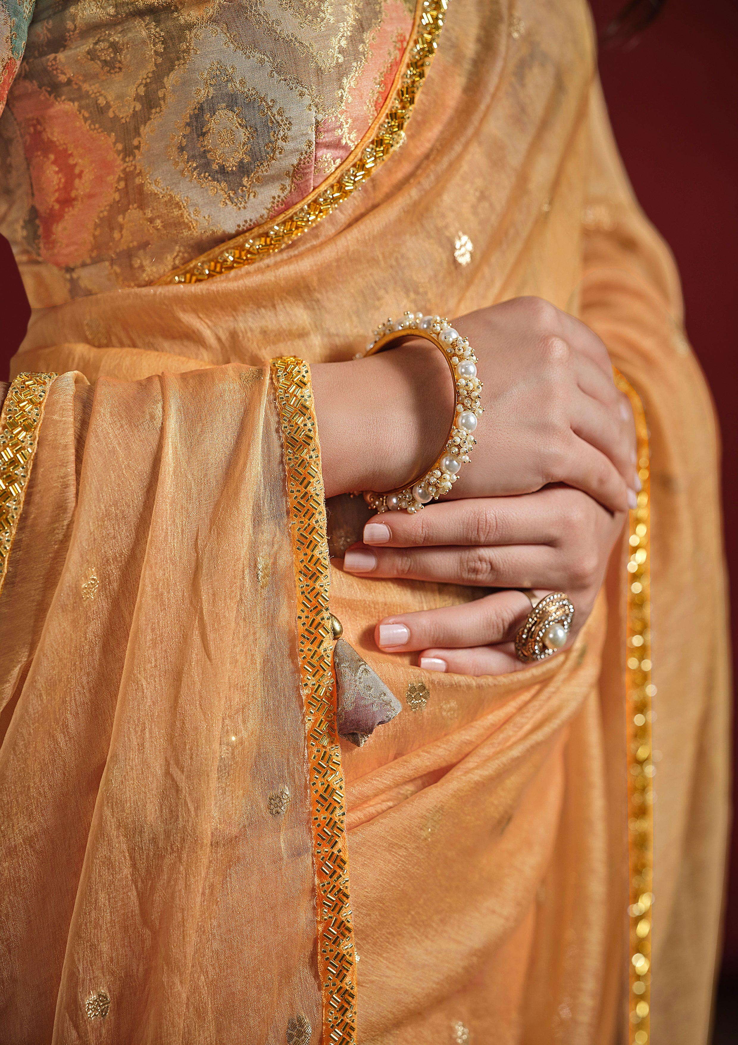 Peach Orange Embellished Jacquard Tussar Silk Saree
