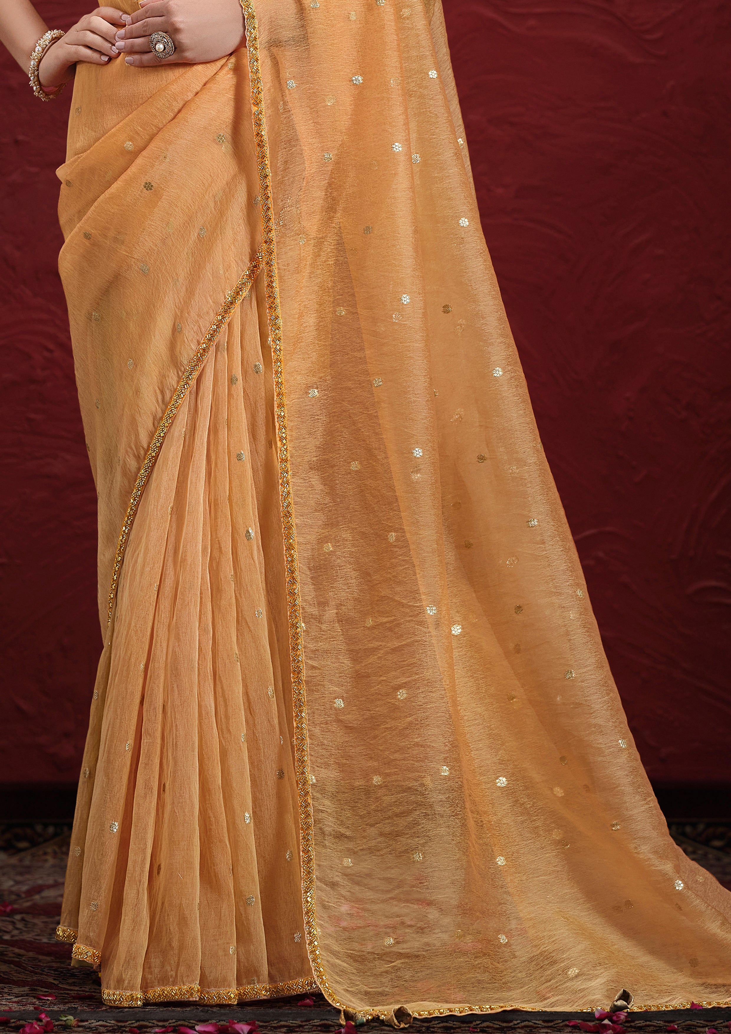 Peach Orange Embellished Jacquard Tussar Silk Saree