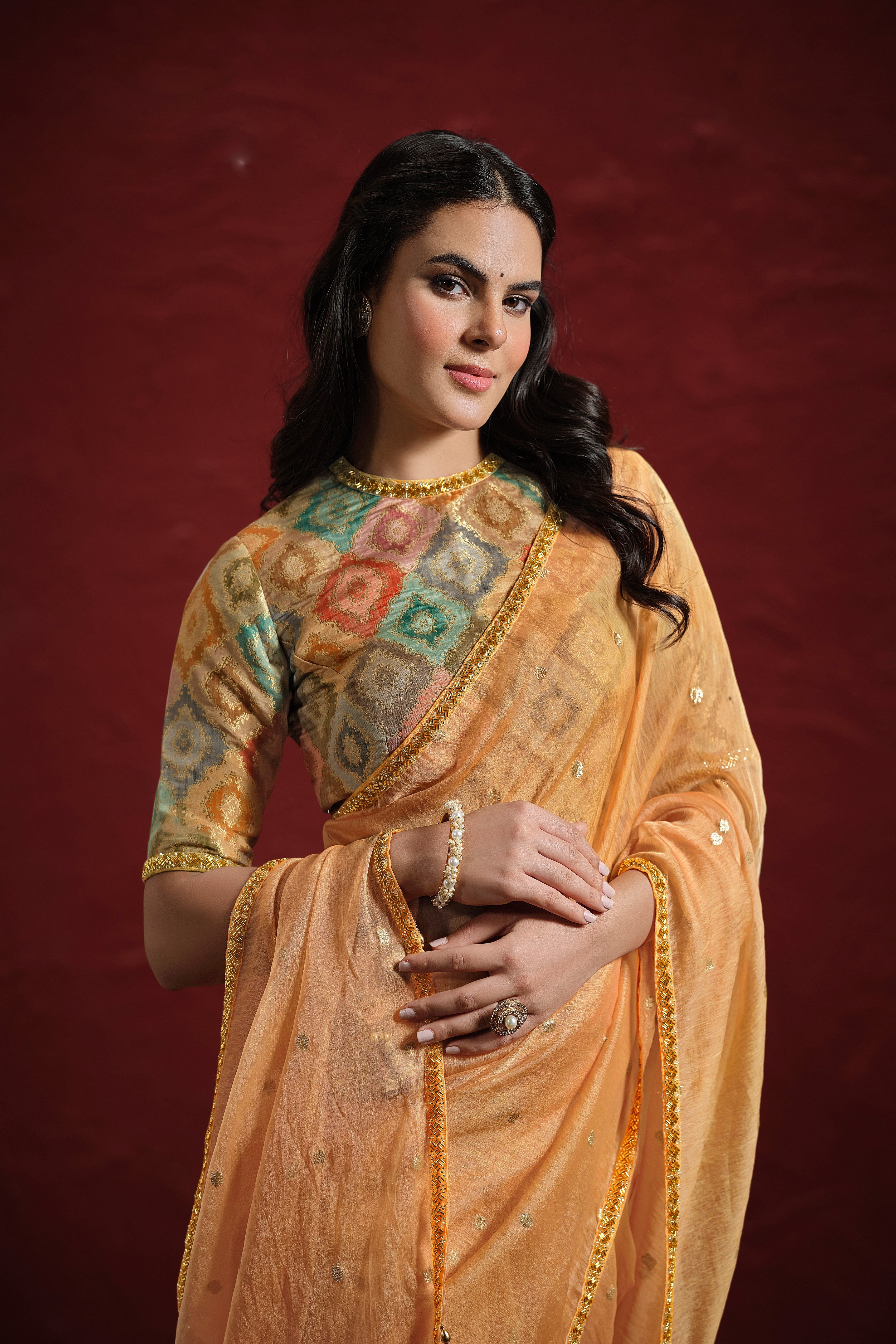 Summer Orange Embroidered Italian Paper Silk Saree