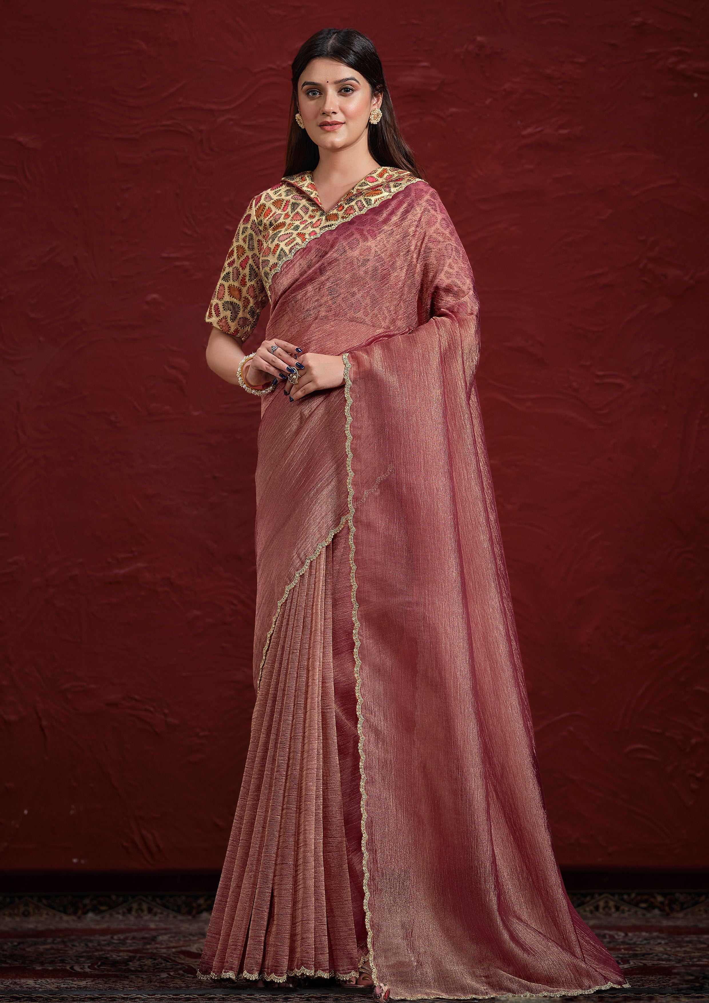 Dusty Rose Embellished Tissue Silk Saree