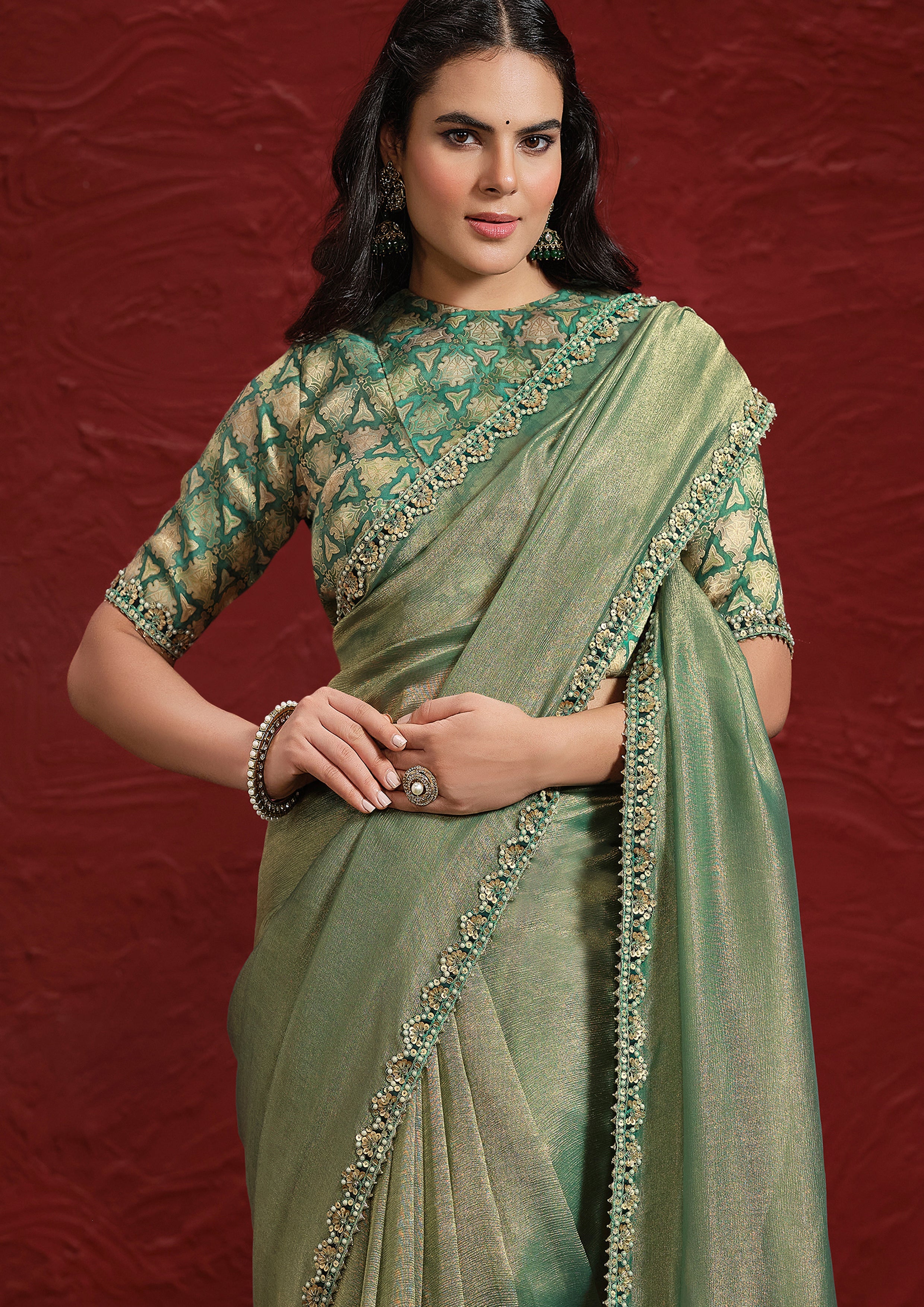 Sage Green Embellished Tissue Silk Saree