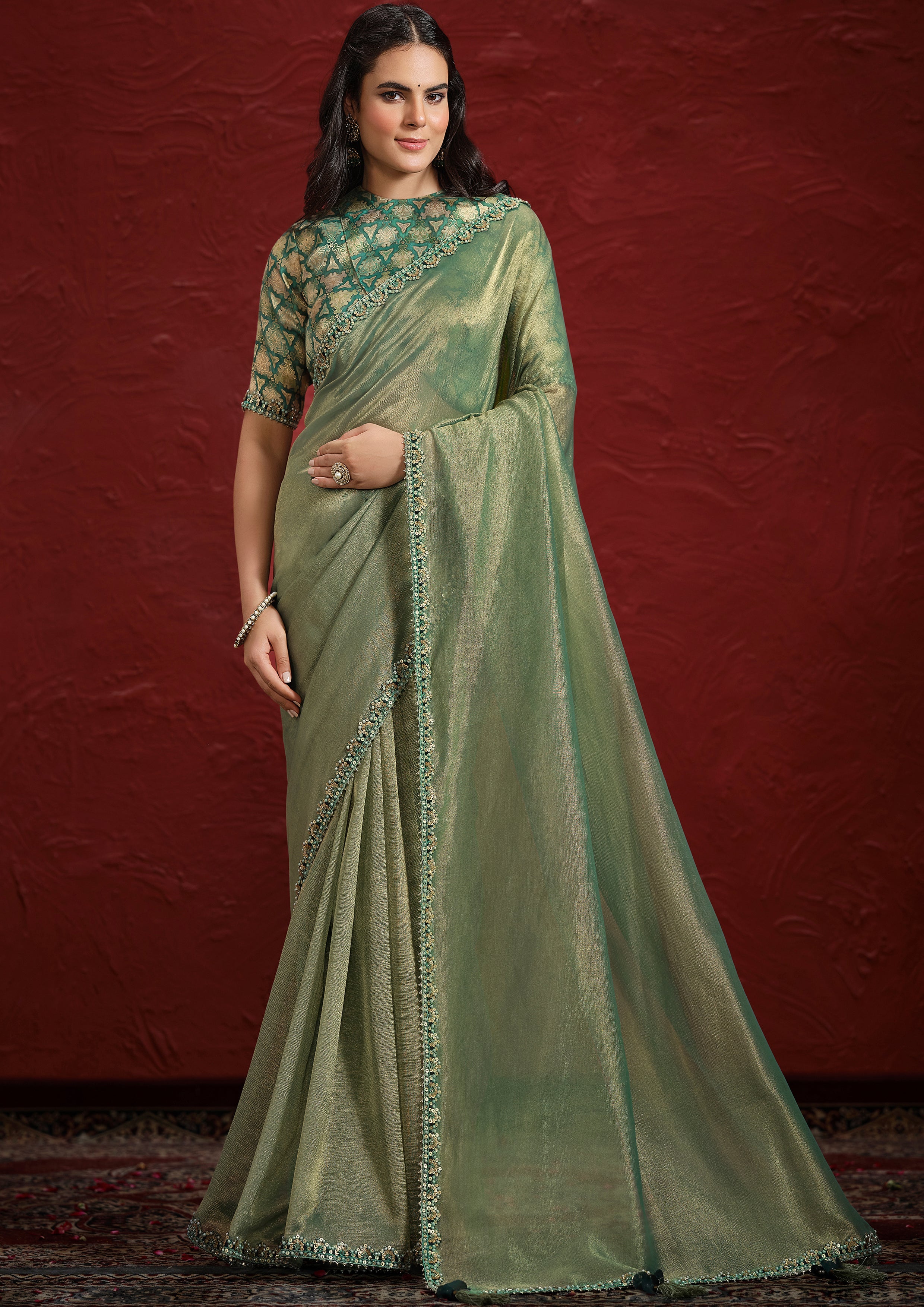 Sage Green Embellished Tissue Silk Saree