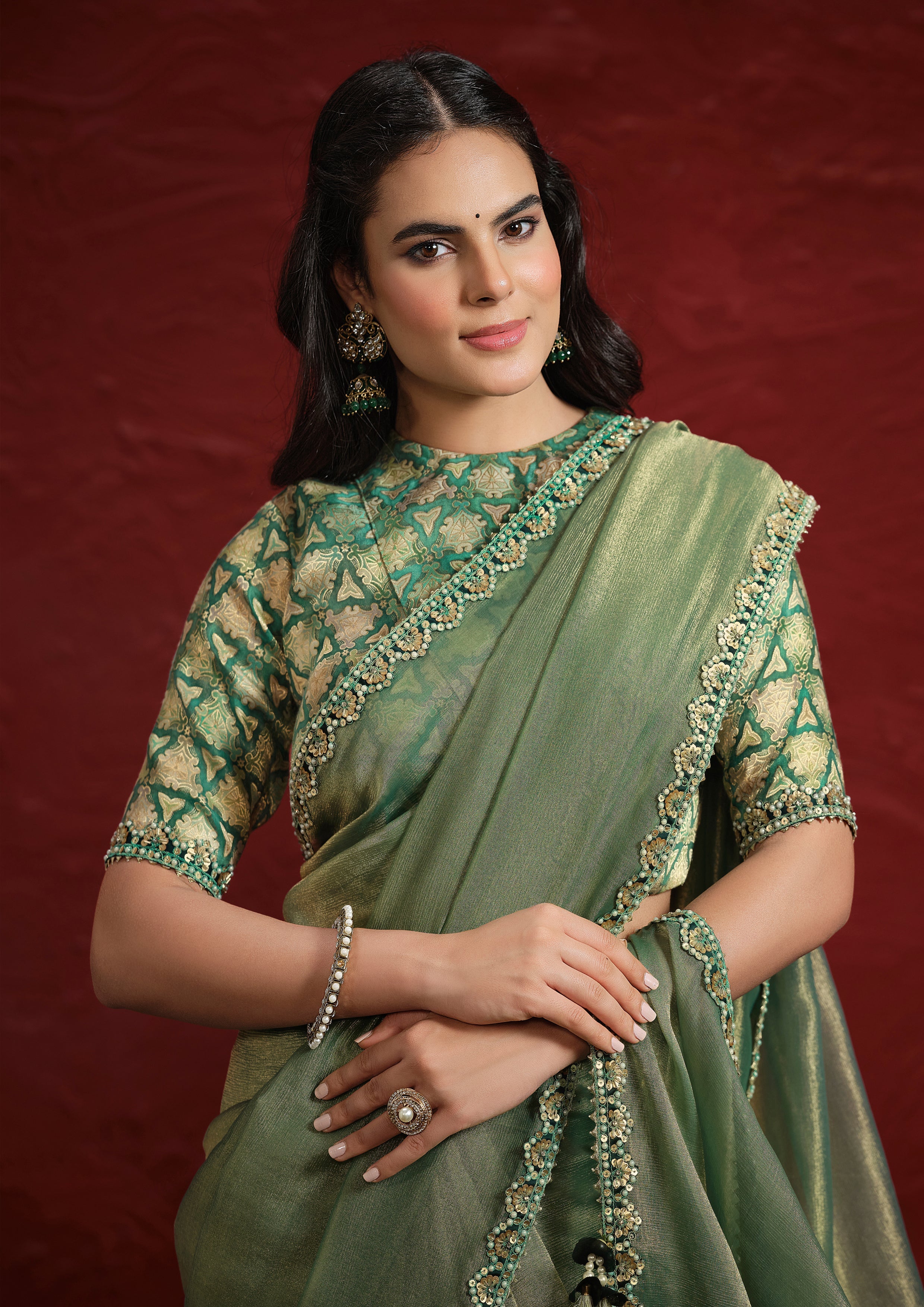 Sage Green Embellished Tissue Silk Saree