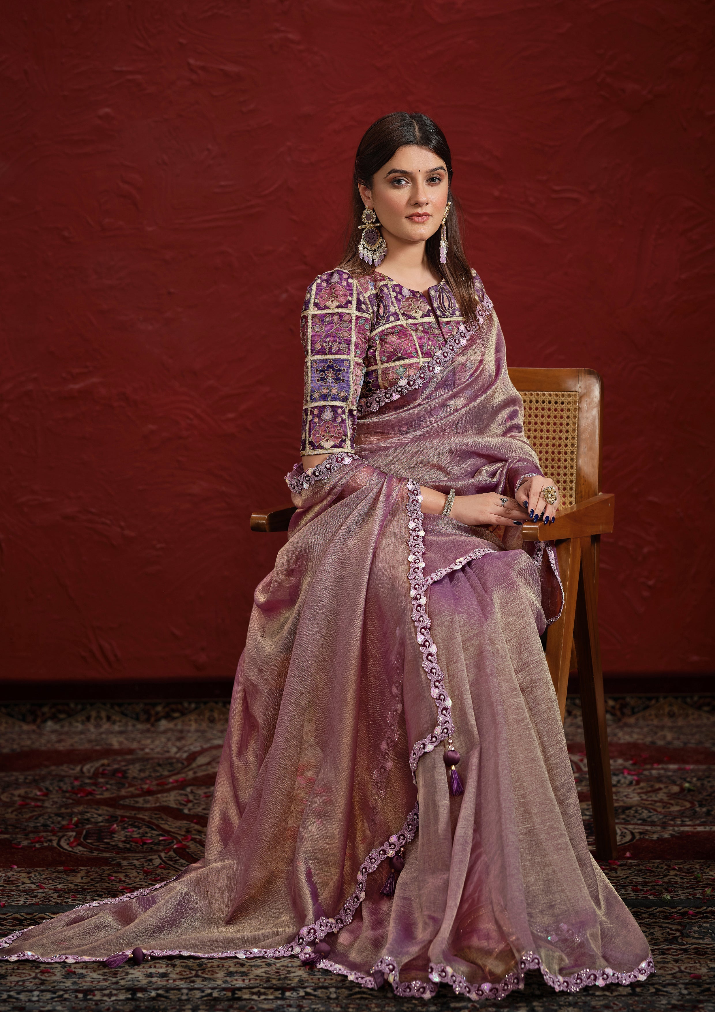 Mauve Embellished Tissue Silk Saree