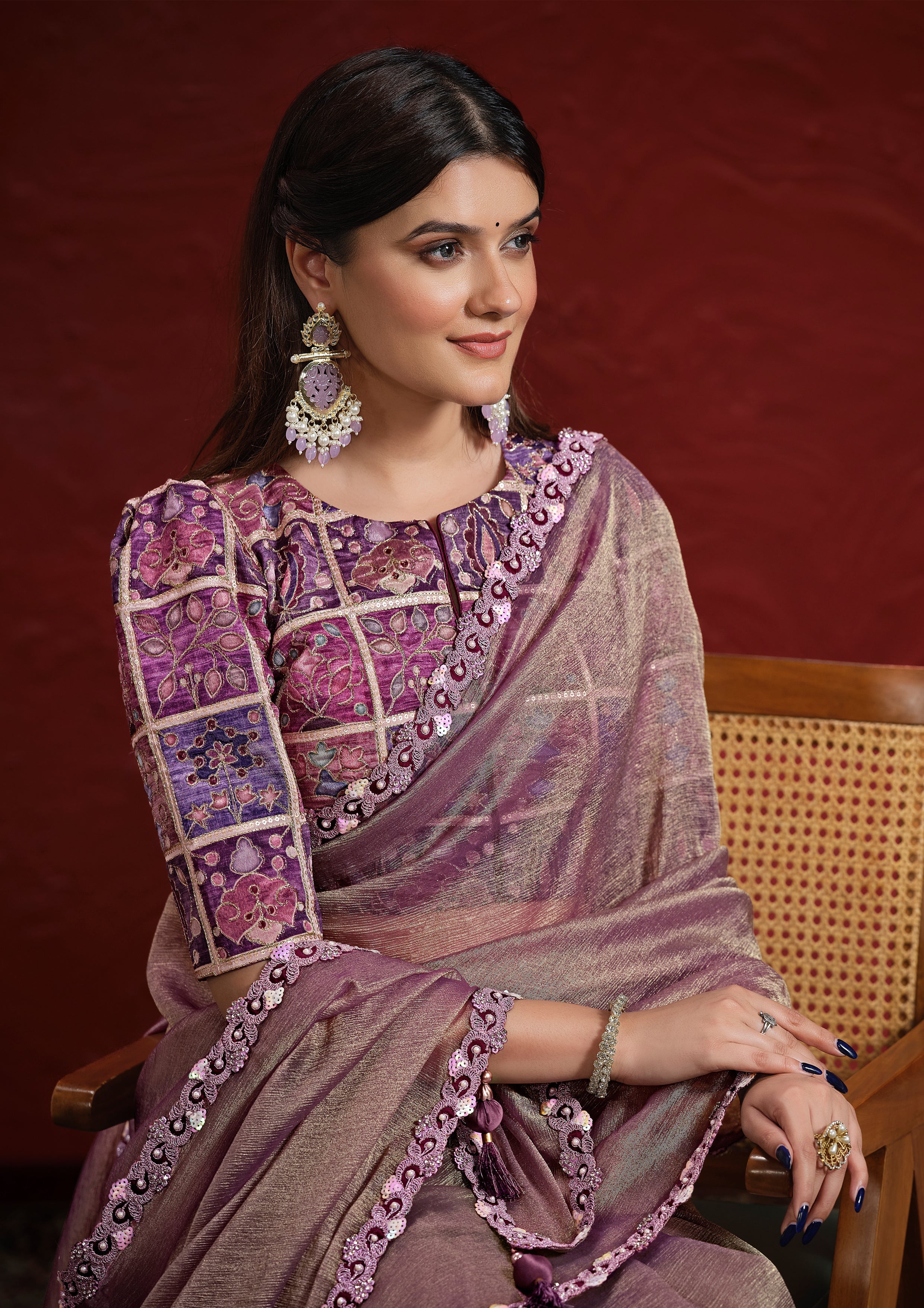 Mauve Embellished Tissue Silk Saree