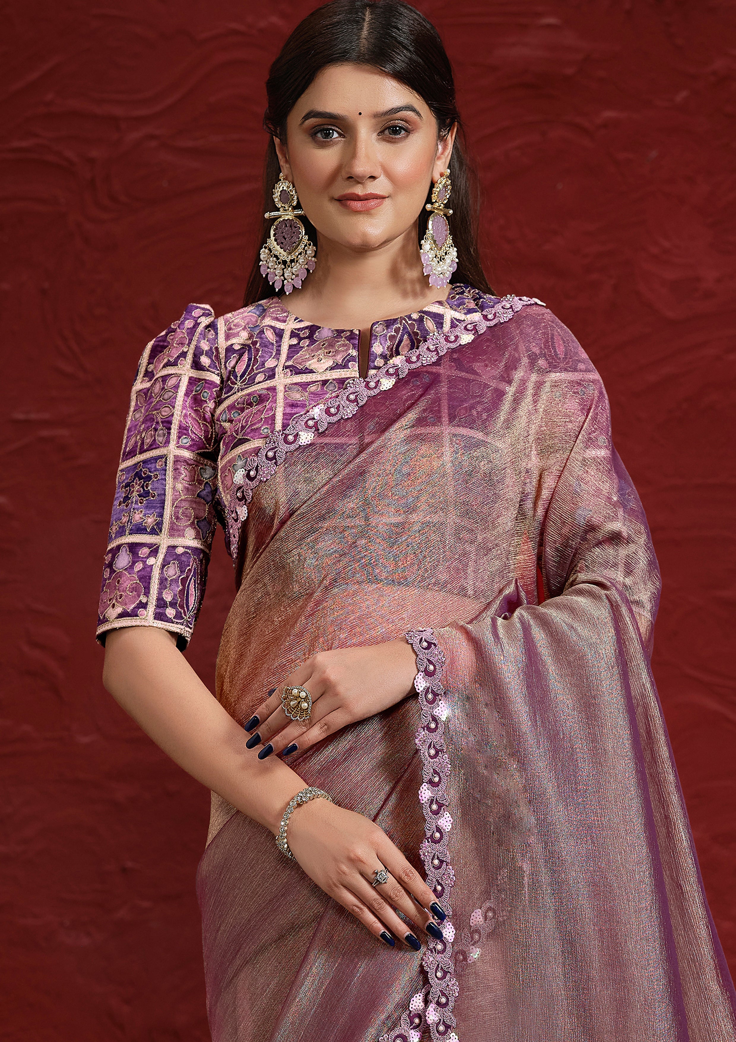 Mauve Embellished Tissue Silk Saree