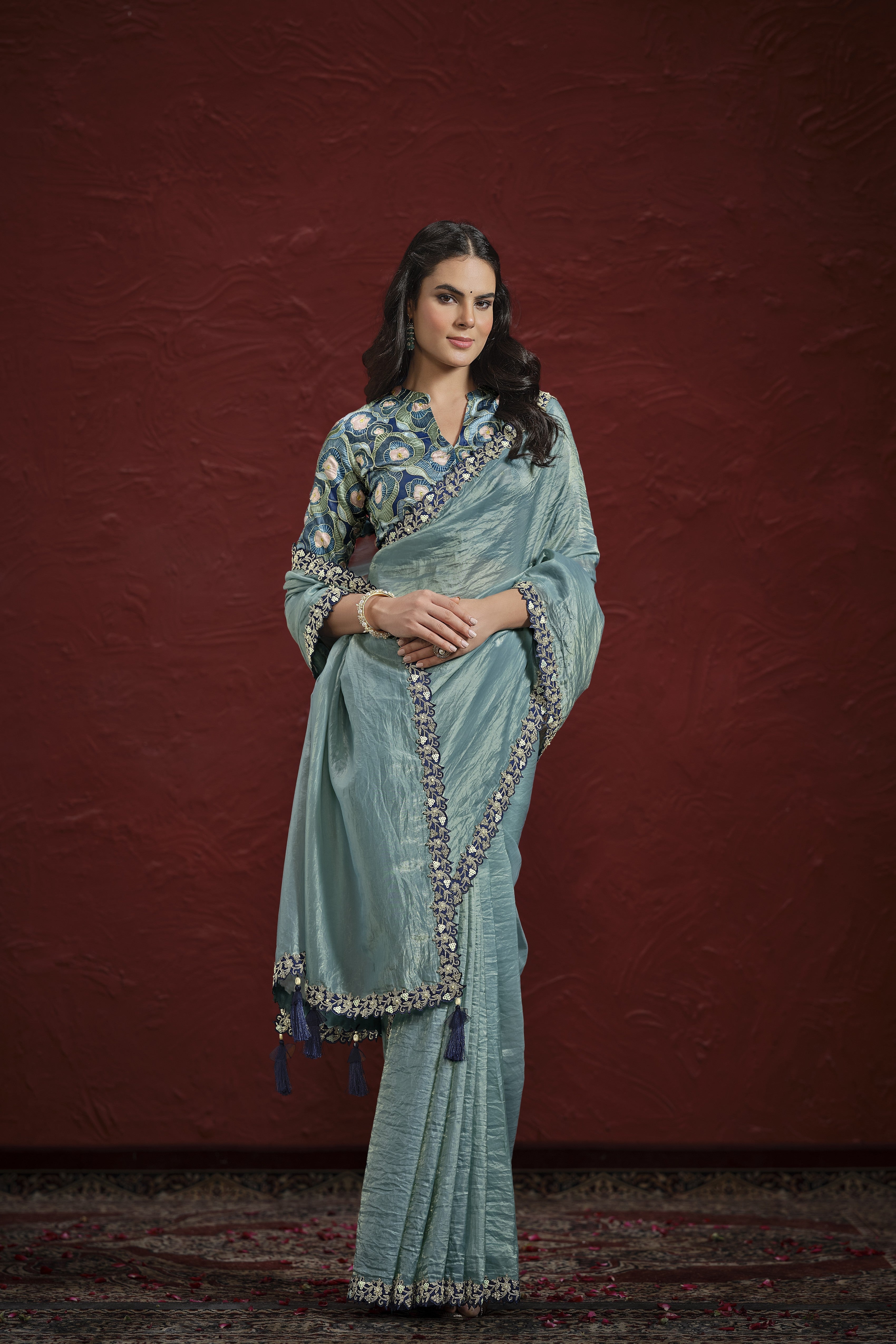 Sea-Green Embroidered Italian Paper Silk Saree