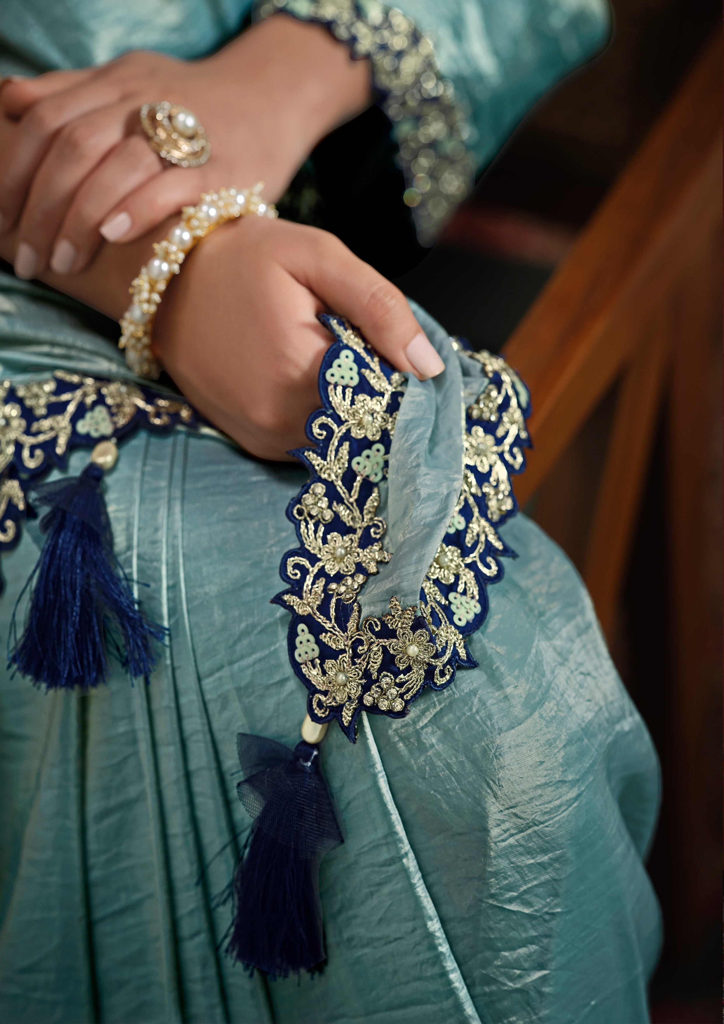 Sea Blue Embellished Paper Silk Saree