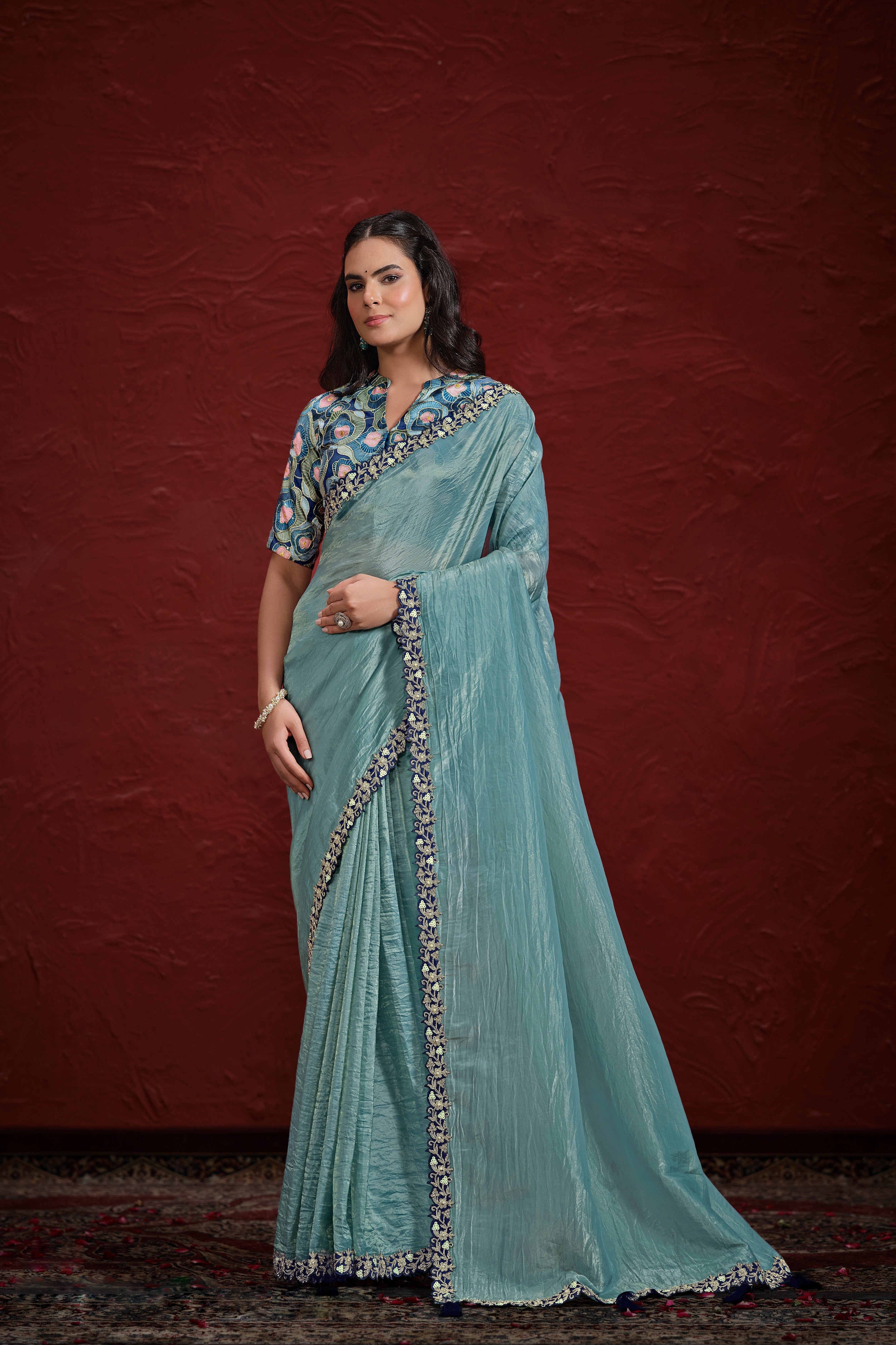 Sea-Green Embroidered Italian Paper Silk Saree