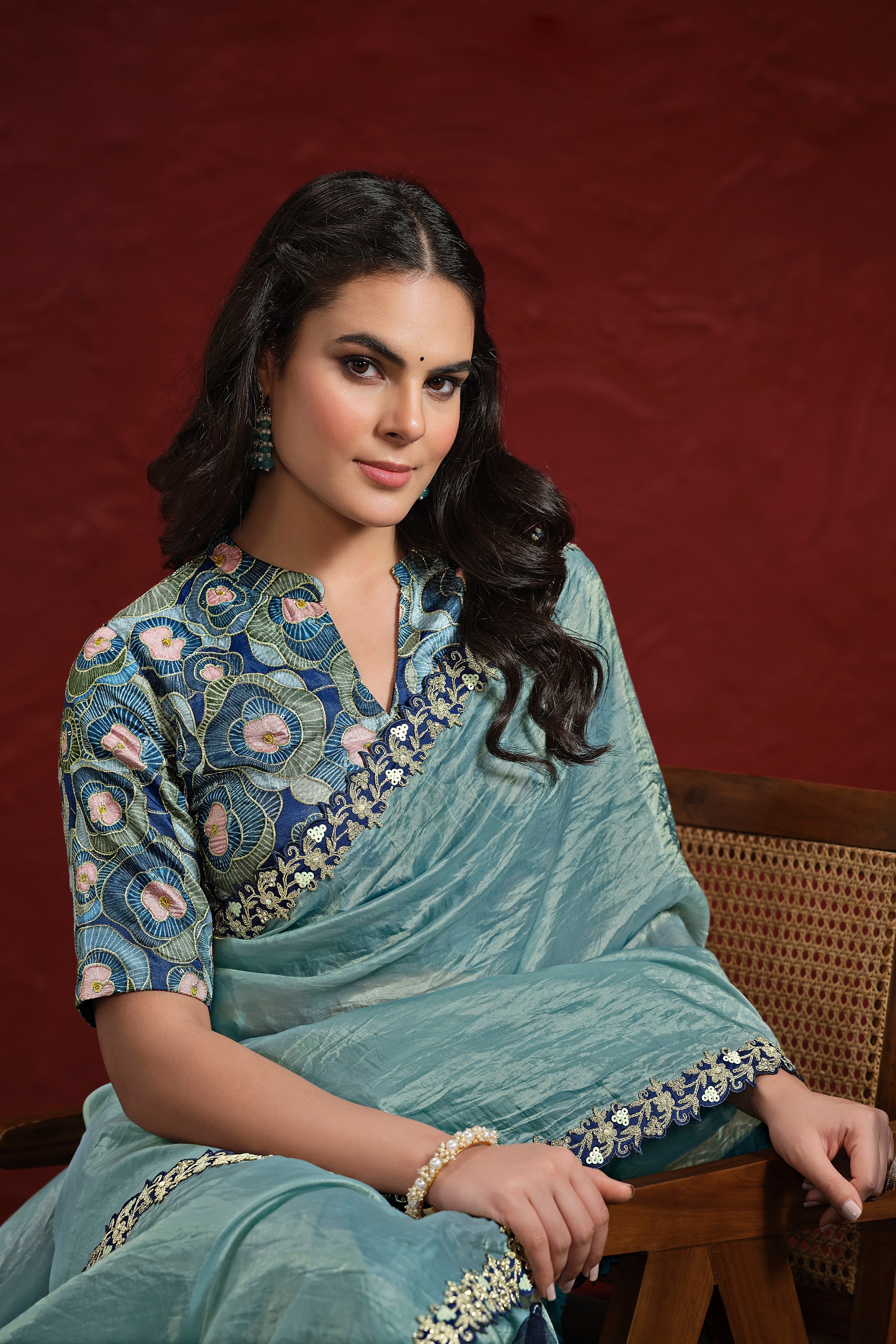 Sea-Green Embroidered Italian Paper Silk Saree
