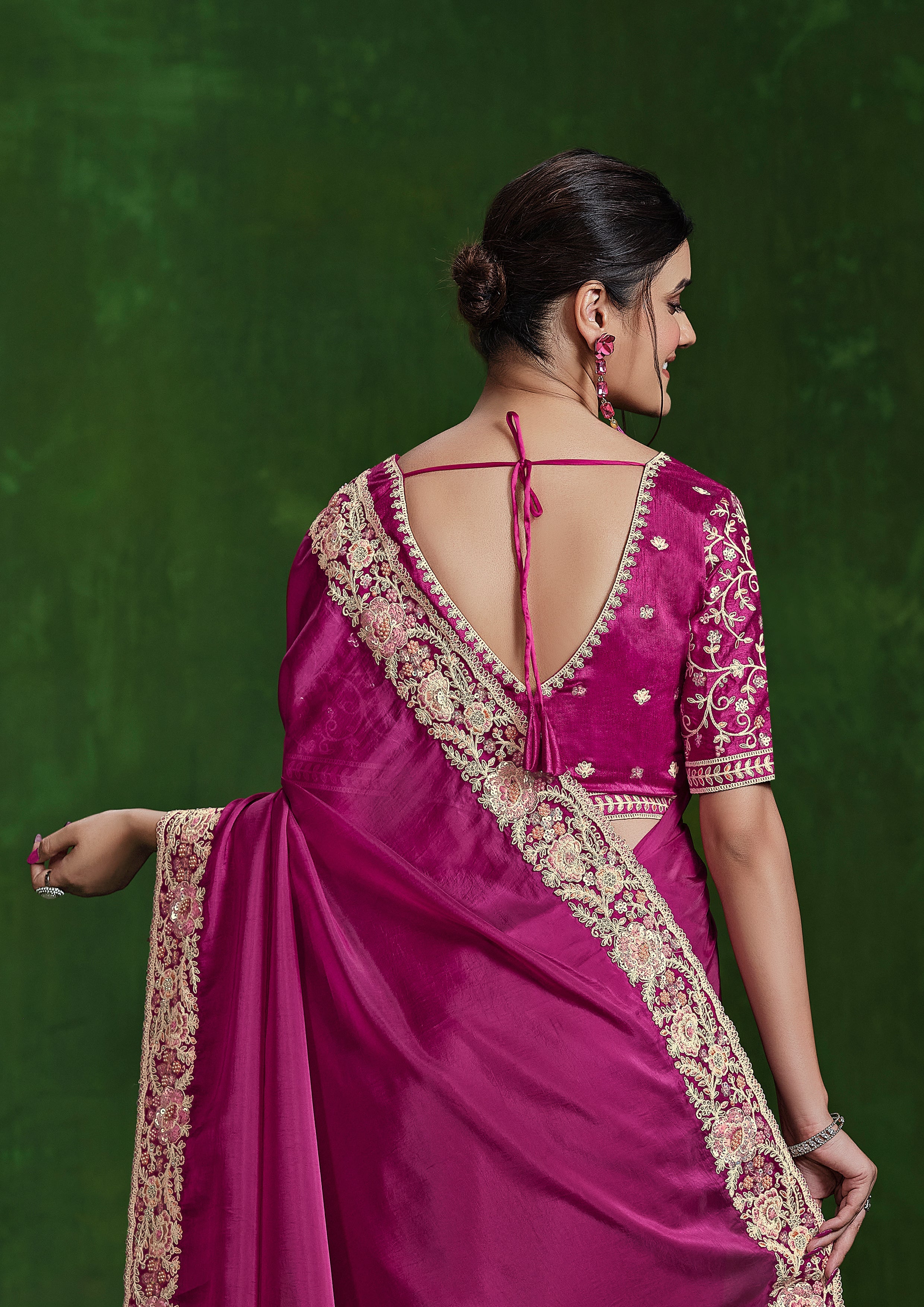 Poppy Pink Embellished Habutai Silk Saree